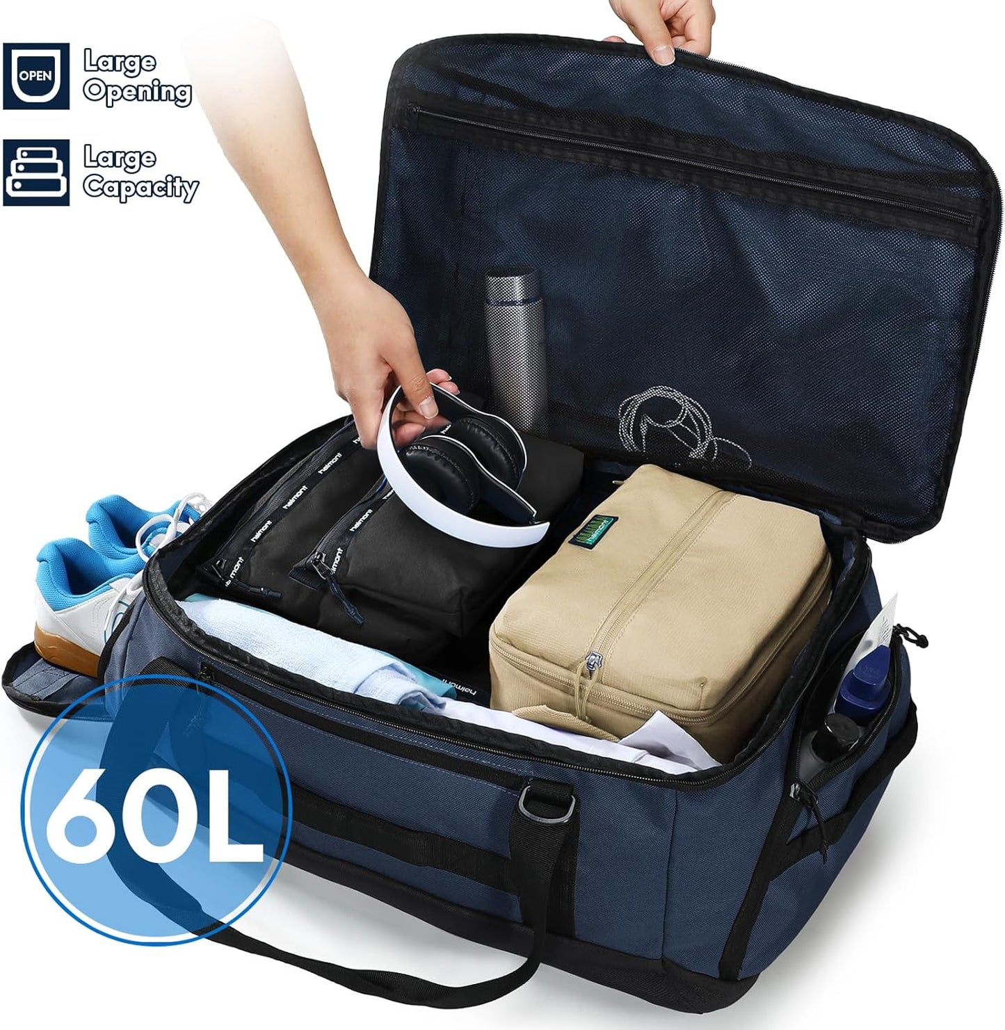Haimont 60L Large Duffel Bag Backpack for Men Women, Travel Bag with Shoes Compartment, Convertible Duffel Backpack, Sports, Camping, Overnight, Water-Resistant, Navy Blue