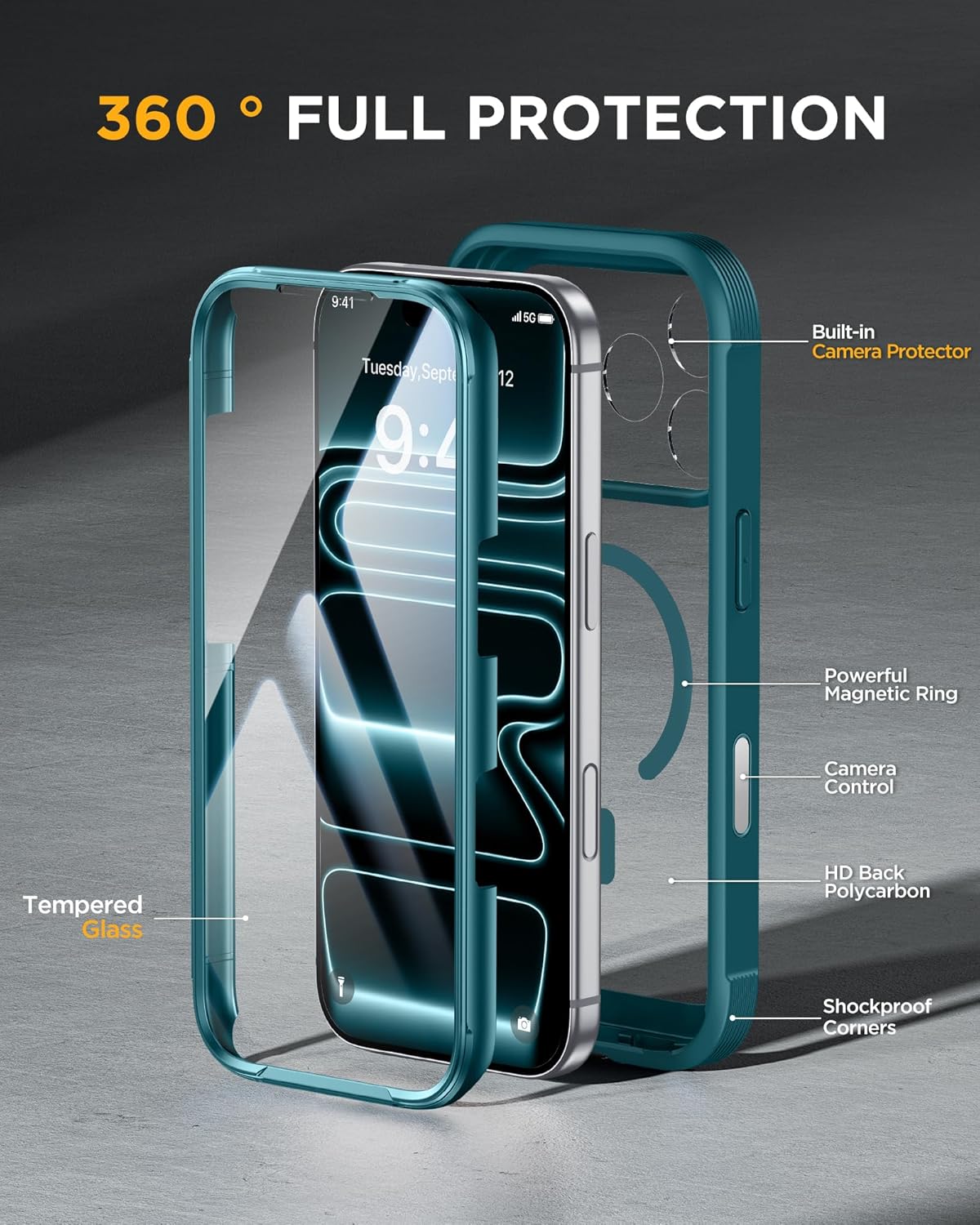 Miracase Magnetic for iPhone 17 Pro Case 6.3" [Compatible with MagSafe] Full-Body Phone Case with Built-in Glass Screen Protector & Camera Control,Drop Proof iPhone 17 Pro Cover, Green