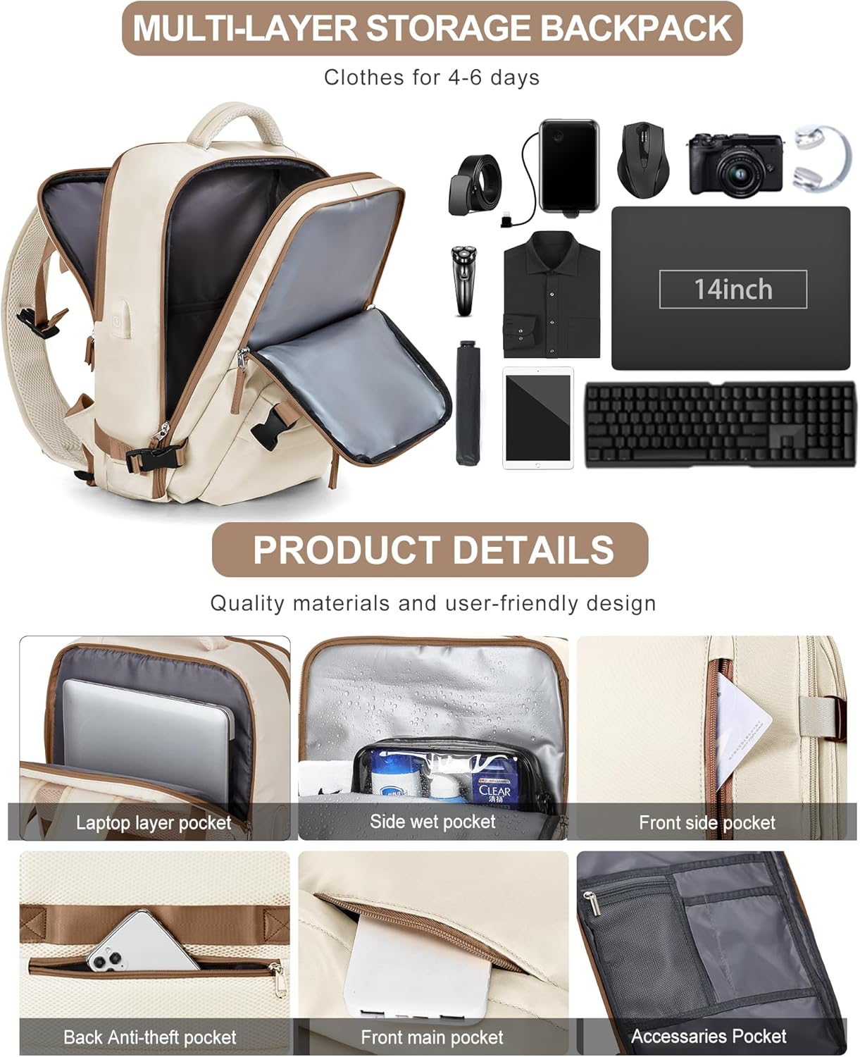 Large Travel Backpack Bag for Women Men,Carry on Backpack,17 Inch Laptop Business Work Waterproof Backpack with Laptop Compartment,Person Item Flight Approved,Mochila de Viaje,Beige with Brown Large