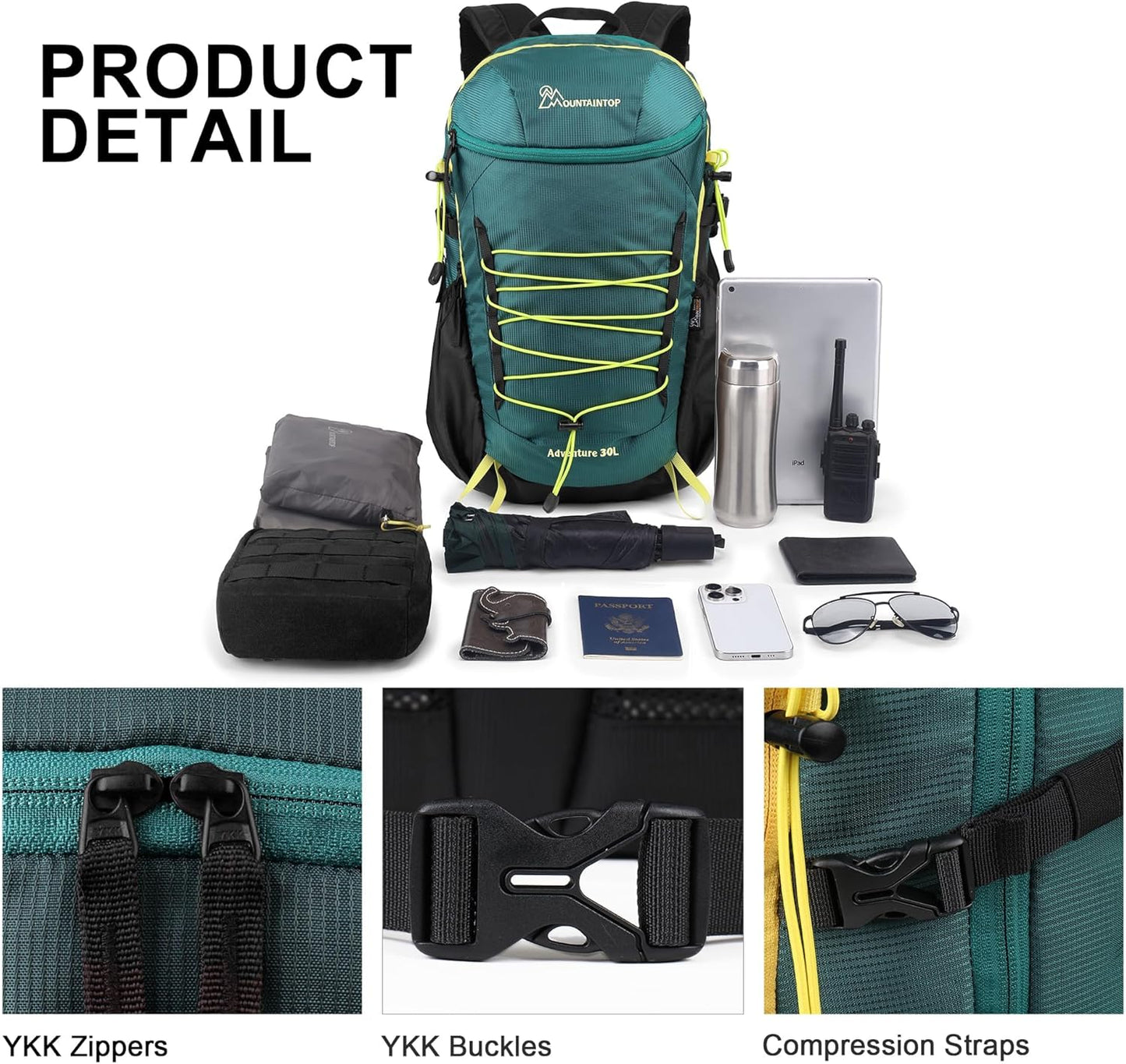 MOUNTAINTOP Hiking Backpack,30L Camping Backpack, Men Women Hiking Daypack Lightweight Travel Backpack for Climbing(Deep Green)