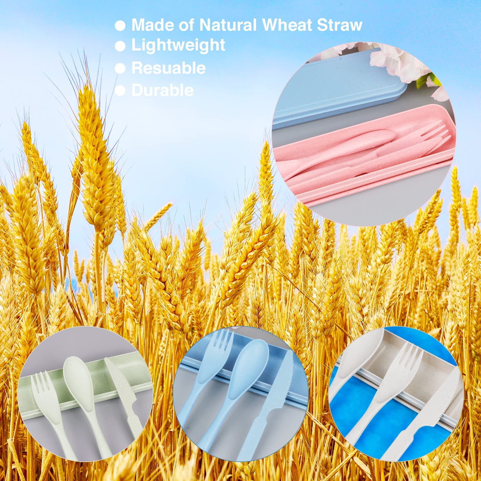 Reusable Travel Utensils Set with Case, 4 Sets Wheat Straw Portable Knife Fork Spoons Tableware