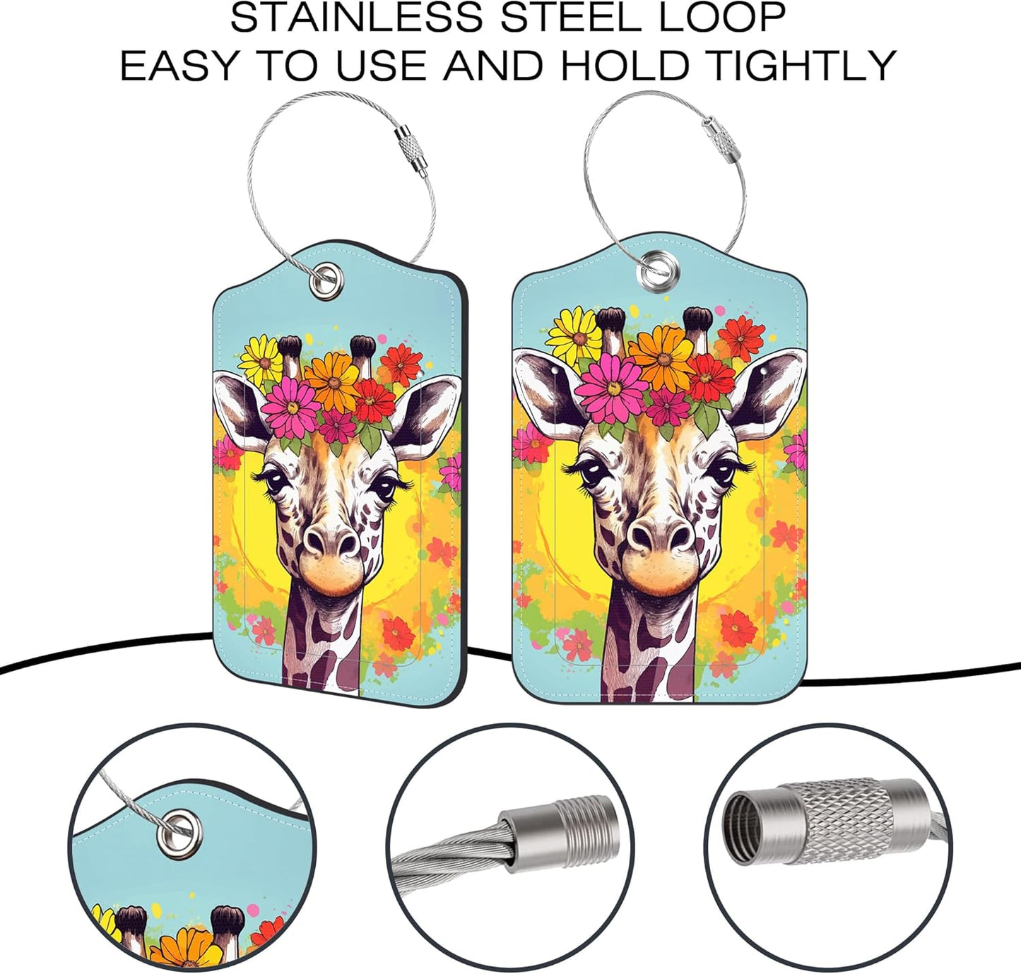 2 Pack Luggage Tags,Watercolor Giraffe PU Leather Idea Baggage Tag with ID Labels Privacy Cover Metal Ring Men and Women Travel Bag Labels