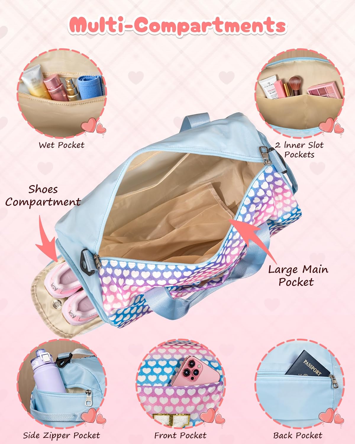 Teen Girl Birthday Gifts, Girls Travel Duffel Bag, Kids Initial Overnight Bags with Shoe Compartment, Initial Duffle Bag with Makeup Pouch, Stocking Stuffers for Toddler (Letter R)