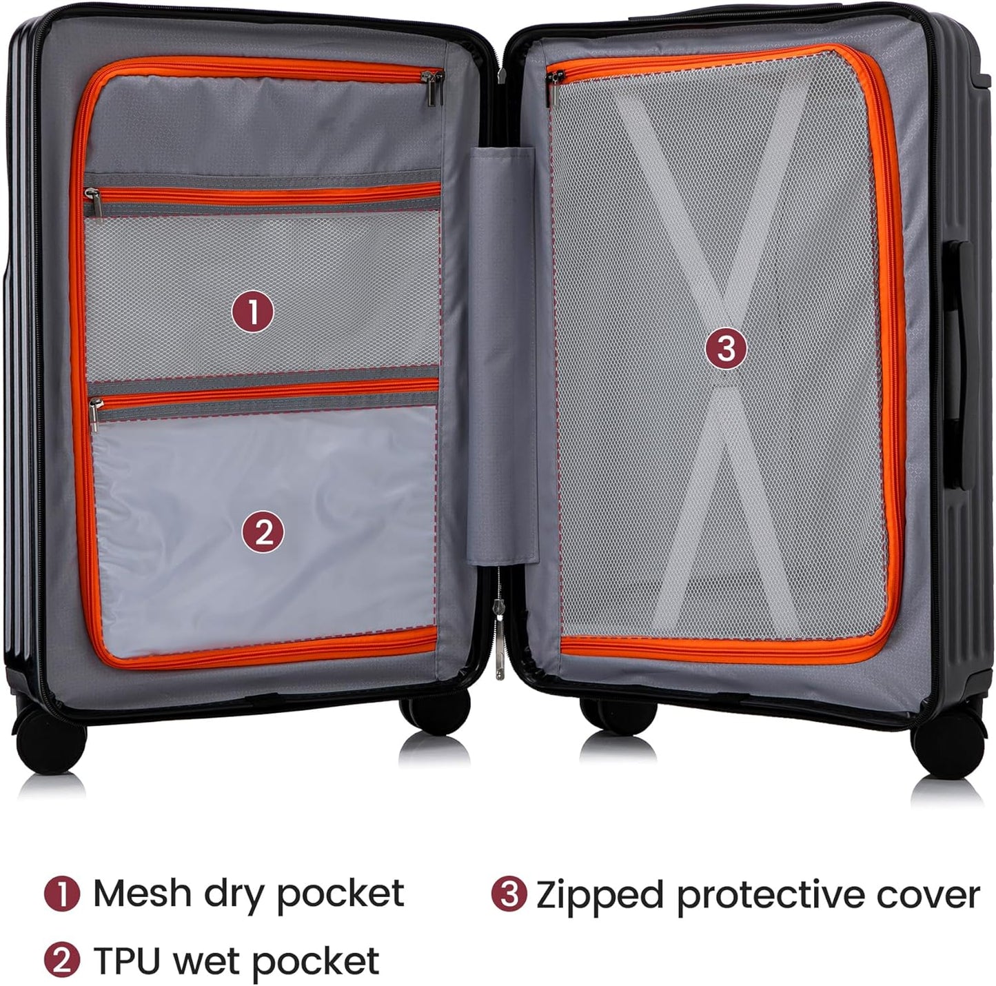 20 Inch Carry On Luggage with Spinner Wheels,PC Hard Shell Suitcase with USB Port,Lightweight Travel Luggage Airline Approved for Men Women, Black