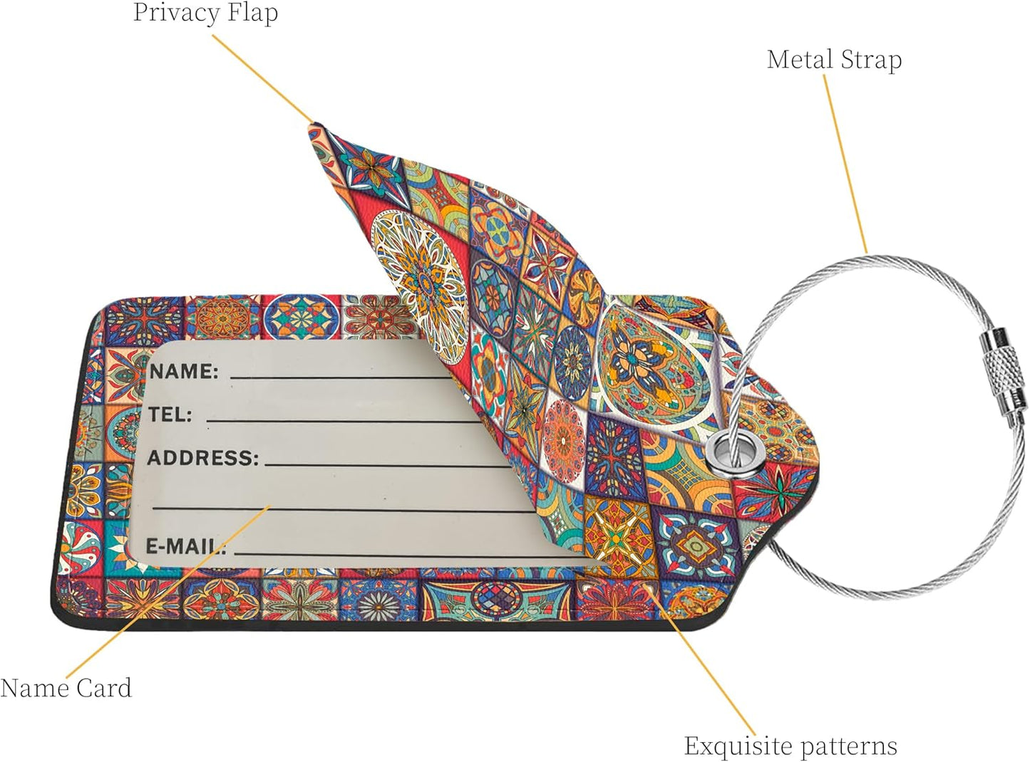 2 Pcs Luggage Tags for Suitcase, Cute Unique PU Leather Travel Bag Tag with Privacy Cover ID Label Address Card and Durable Metal Ring Suitable for Men Women Children Backpack,Bohemia