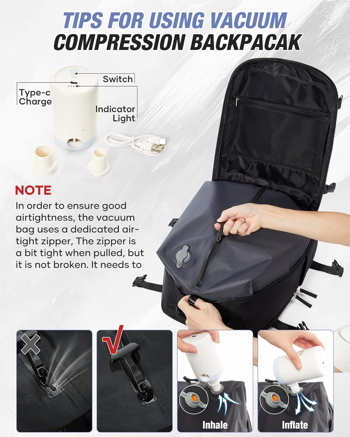 Vacuum Backpack Travel with Pump, Large 18×14×8 Personal Item Travel Bag with Vacuum Seal System Frontier Approved, Mochila al Vacio Para Mujer, 16" Laptop Backpacks for Men, Black
