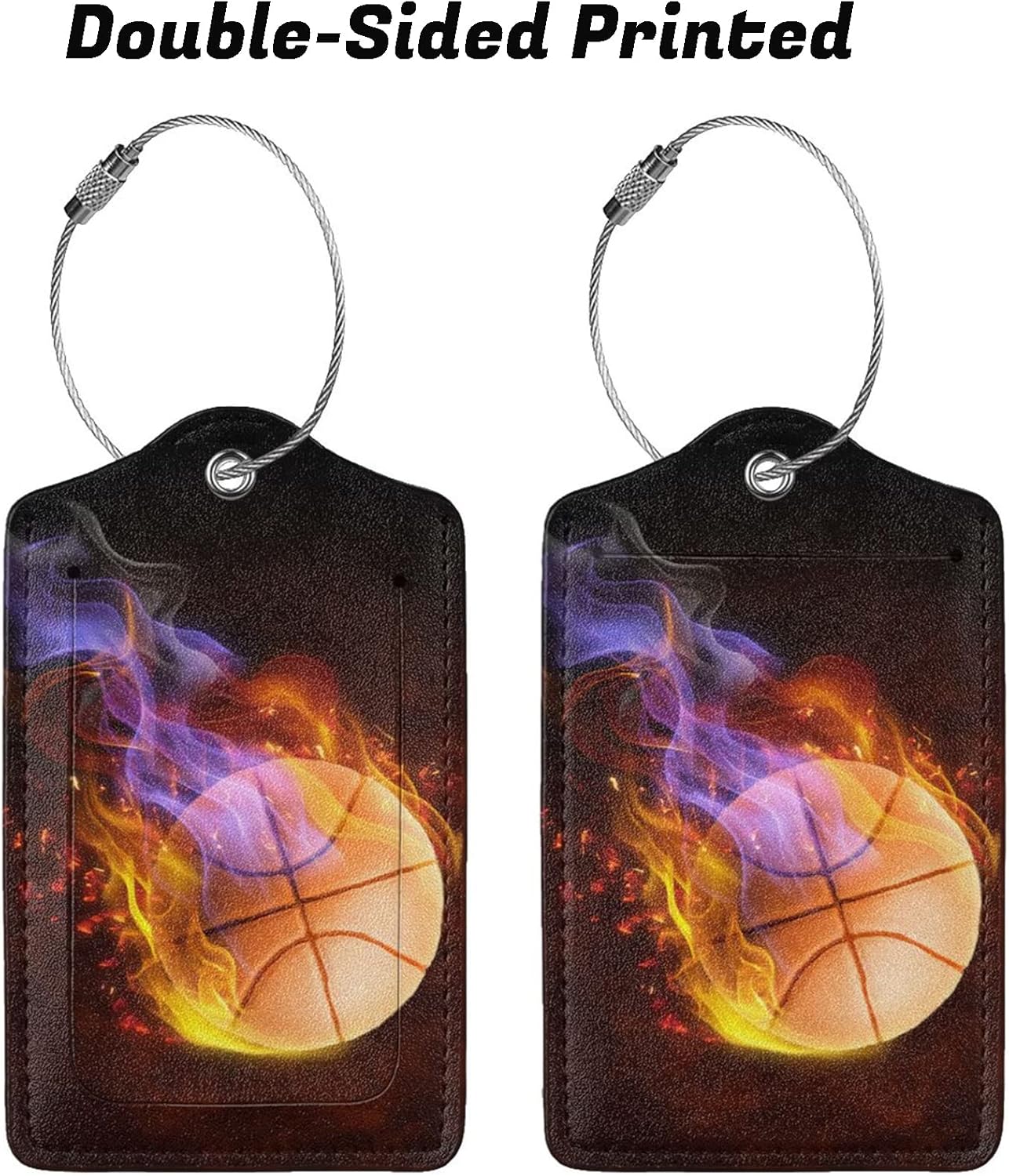 Set of 2 Sports Luggage Tags with Fire Basketball Pattern, Leather Suitcases Tag with Stainless Steel Ring for Backpack Baggage, Cool Travel Labels with Name ID Card Cover for Kids Teens Adults