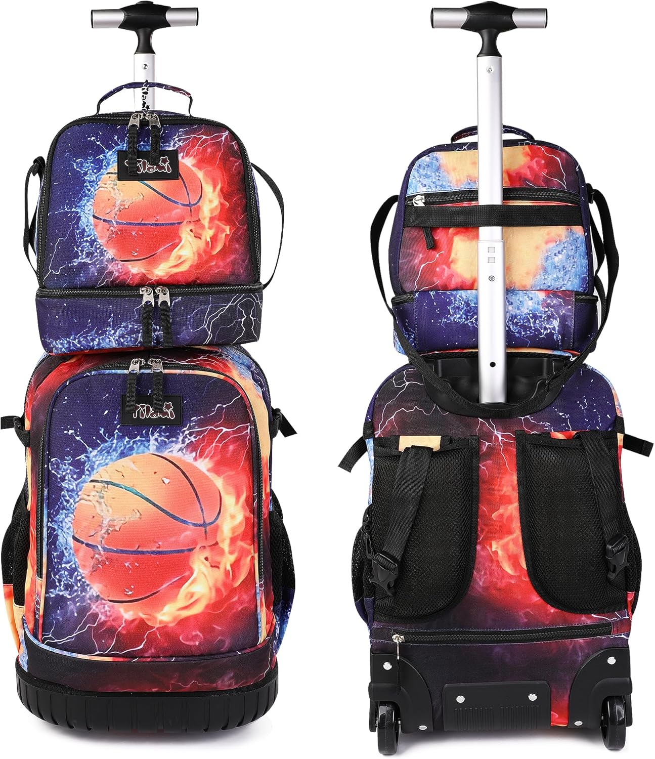 Tilami Rolling Backpack 19 inch with Lunchbox Wheeled Laptop Backpack, Basketball