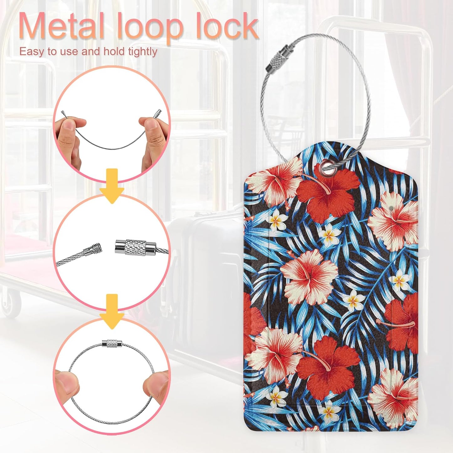 Hawaii Hibiscus Flower Luggage Tags Set of 2 Leather Luggage Tags Privacy Cover Suitcase Label with Stainless Steel Loop for Women/Men Travel,Tropical Palm Leaves