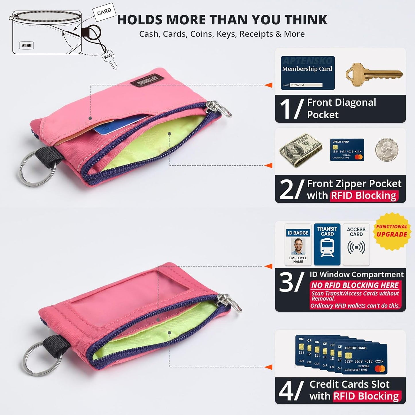 RFID Travel Wallet with Adjustable Lanyard-Zipper Small Wallet with ID Card Holder, Keychain for women&men-Minimalist Slim Waterproof Nylon case for ID, Cash, Key (Pink+RosePink)