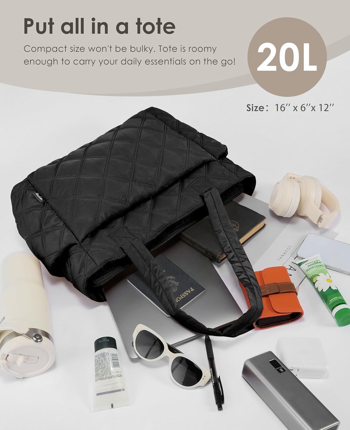 Tote Bag for Women, Lightweight Puffer Tote Work Bags with Compartments for Travel, Quilted Shoulder Bag with Zipper