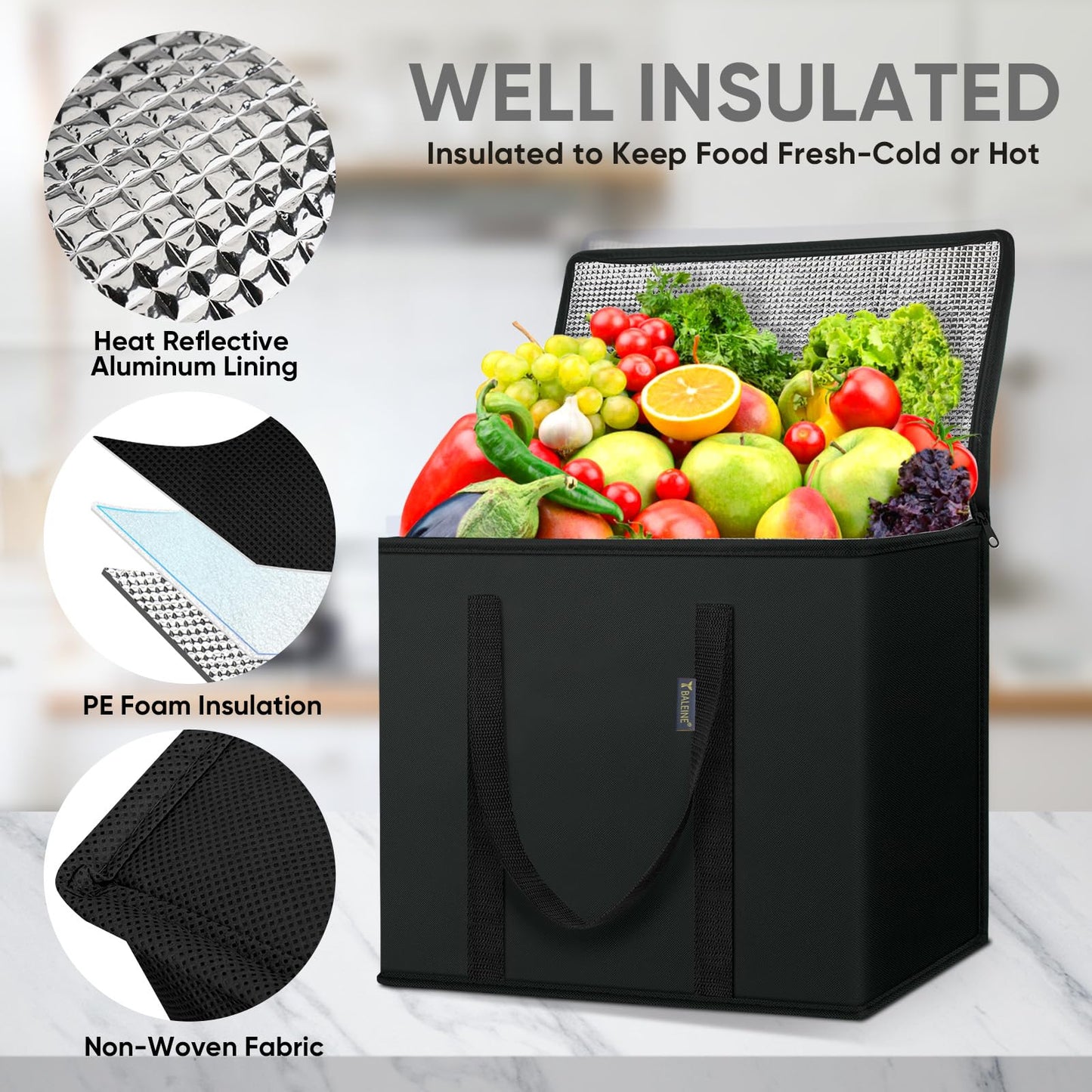 BALEINE 2Pk Insulated Reusable Grocery Bags, Collapsible Cooler Bag for Groceries, Heavy Duty Large