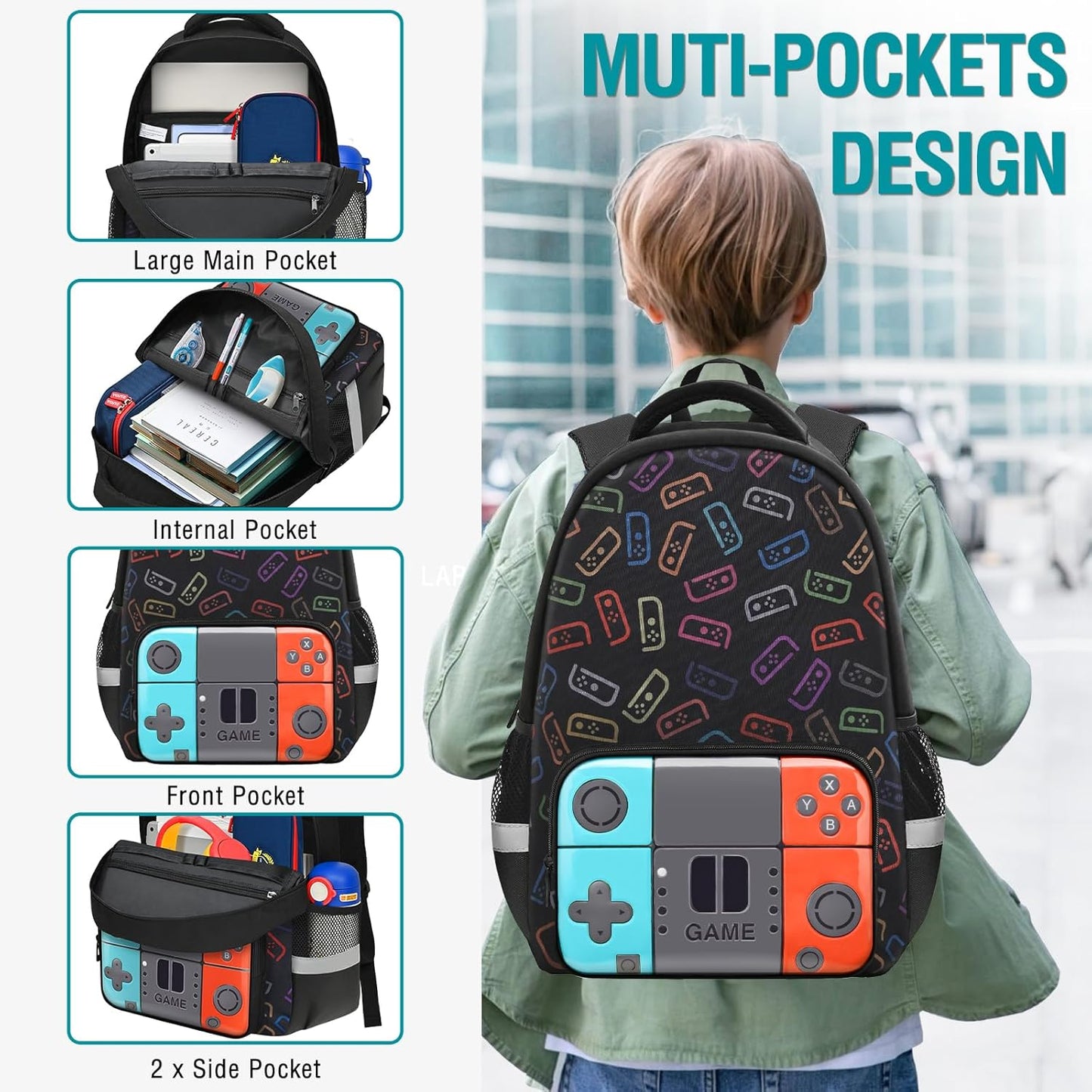 Boys Backpack for School,Gamer Backpack for Boys Kids,Boy Bookbag for Elementary Middle School Student,Video Game Bookbag For Boy Kids Teen Age 6-14,17″