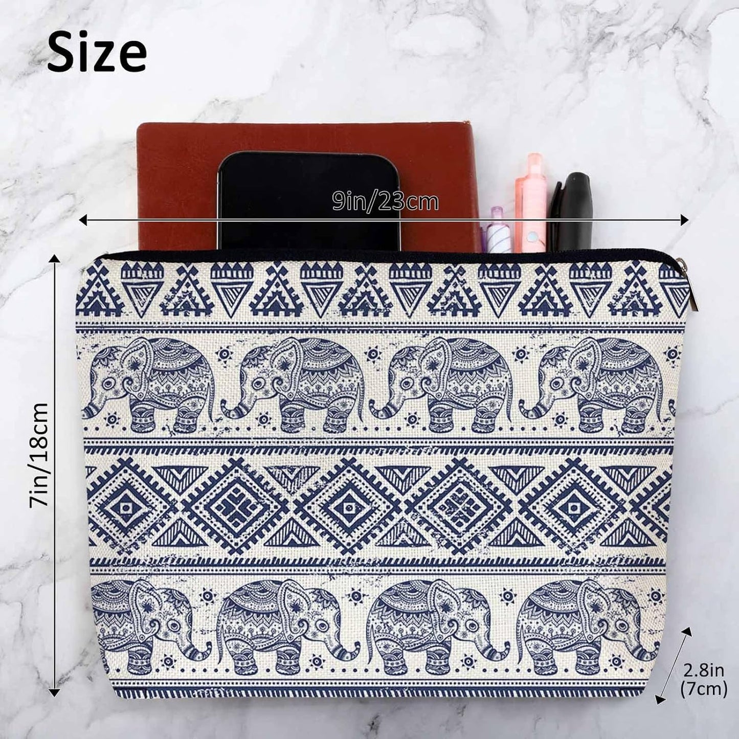 Elephant Cosmetic Bags For Women, Ethnic Geometric Elephant Roomy Makeup Bag Toiletry Bag