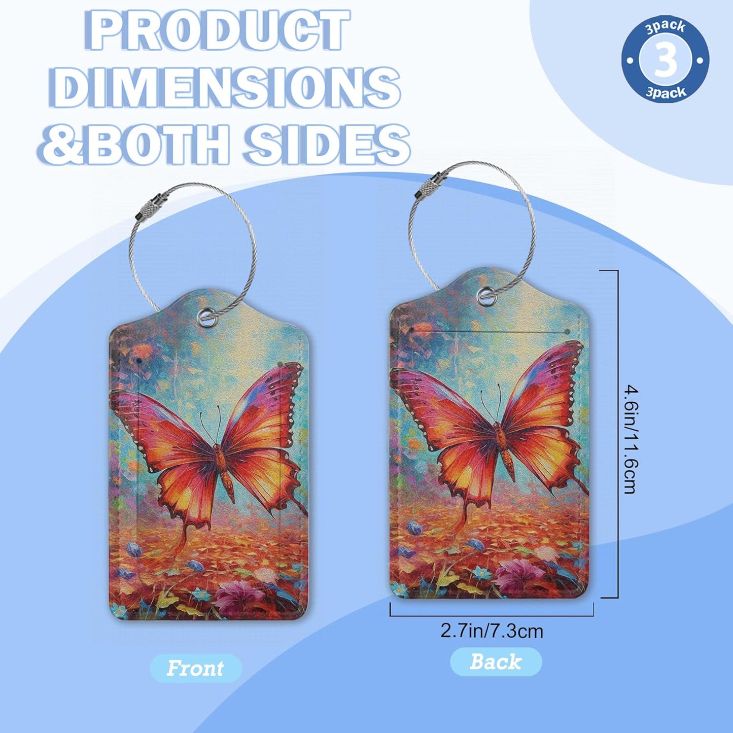 3 Pack Luggage Tag for Suitcase,Butterfly Leather Luggage Tag with Privacy Flap,Name ID Label and Metal Loop for Women Men Travel/Cruise Ships/Shipping/Mailing