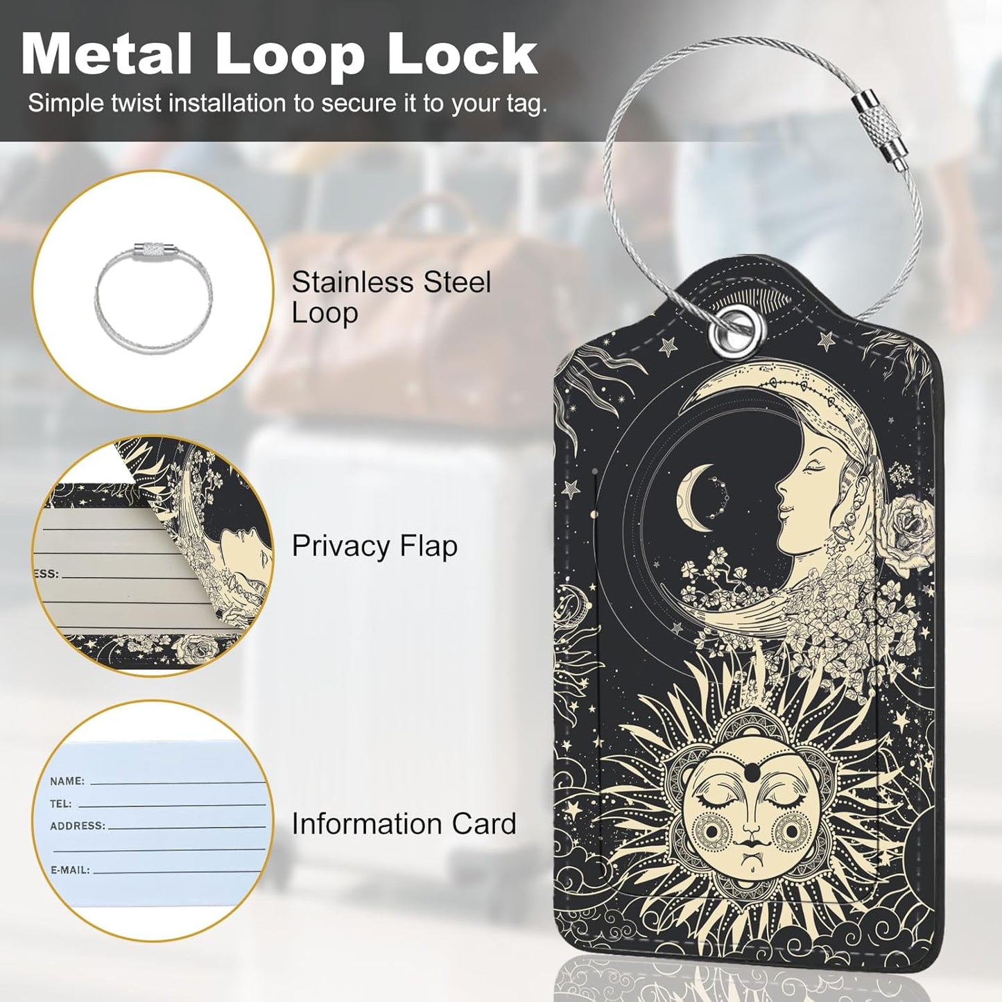 2Pack Luggage Tags for Suitcases, Cute Unique Pu Leather Cruise Luggage Tag with Privacy Cover ID Label Address Card and Metal Ring Suitable for Women Men Kids Travel Bag Sun, Moon, Face and Flower