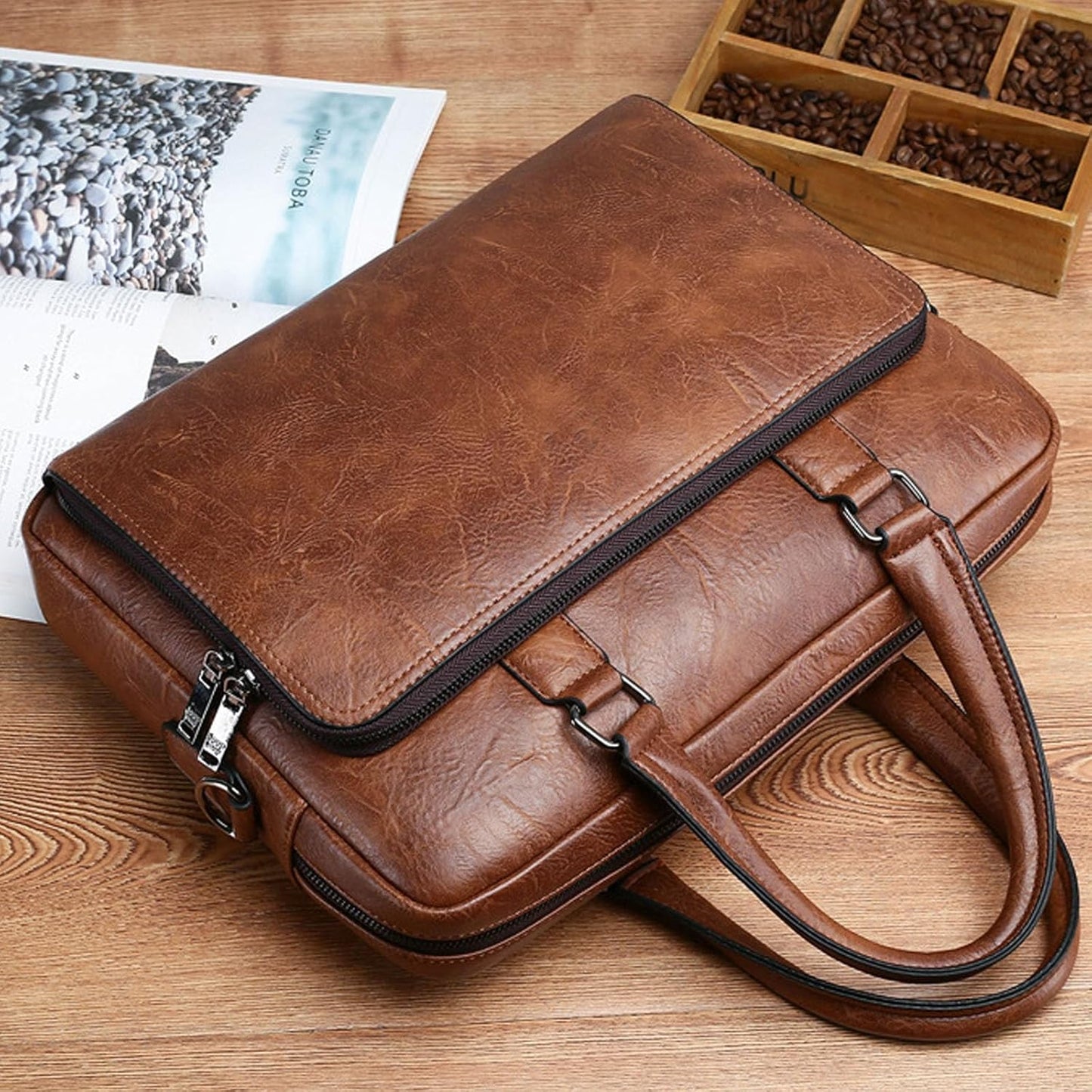 Mens Laptop Bag 16.1 Inch Waterproof Vintage Leather Briefcase Computer Messenger Handbags Shoulder Bag (Khaki)