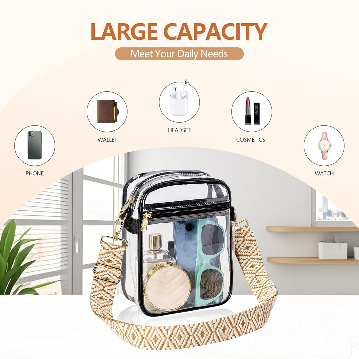 Clear Bag for Stadium Events, Clear Purse with Removable Strap, Messenger Bag for Concert Work Sports and Fetivals