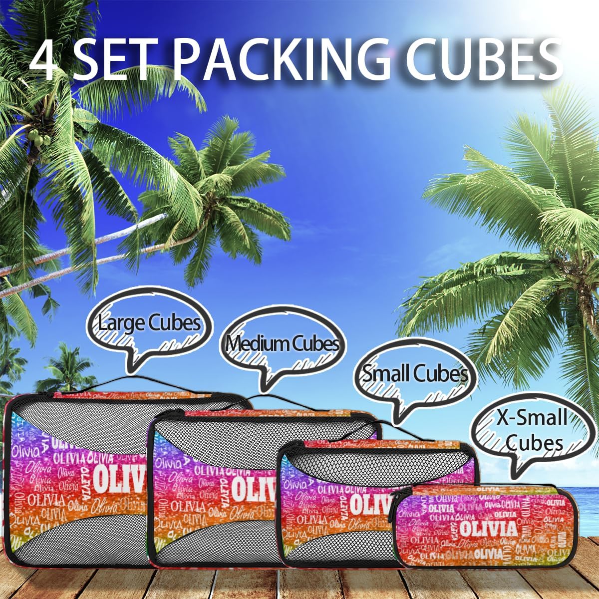 Personalized Name 4 Set Packing Cubes Luggage Packing Organizers Travel Accessories for Women Girls, Bright Colorful Rainbow Red Green Purple Sequins Glitter