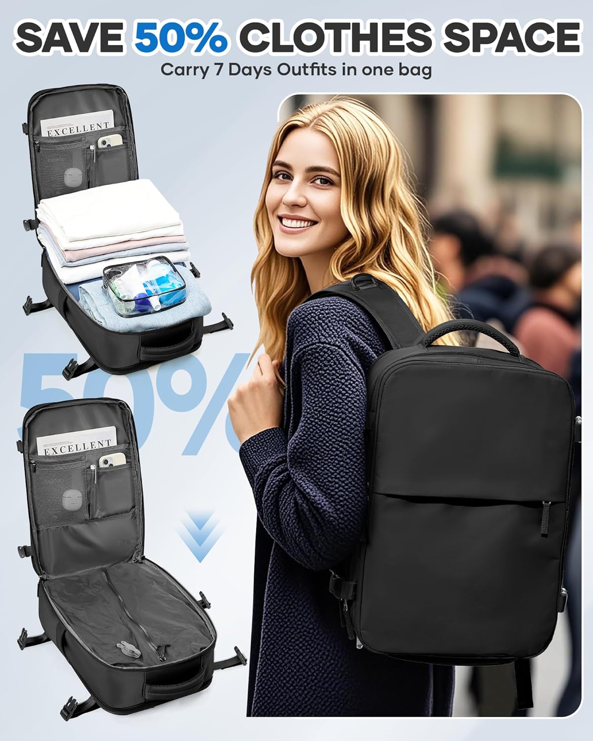 Vacuum Seal Travel Backpack with Air Pump,Compression Vacpack Waterproof Carry On Backpack for Travel Women men with Vacuum System,Airlines Approved Daypack Laptop Space Saver Bags,Black