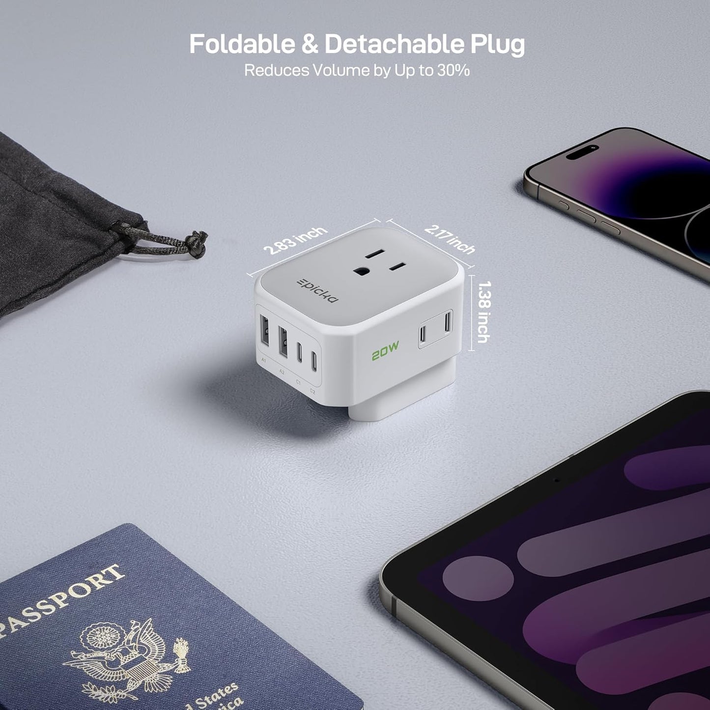EPICKA Hybrid European Travel Plug Adapter, Foldable & Detachable Type C (EU) VisaPlug, 8-IN-1 International Power Adapter with 4 USB Ports (2 USB-C PD 20W) - Travel Essentials for US to Europe, White