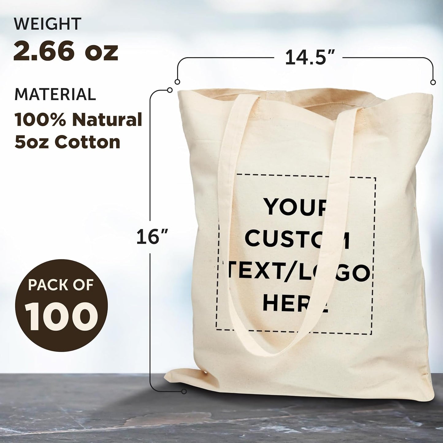 DISCOUNT PROMOS Custom Natural Cotton Fiber Tote Bags (Set of 100) - Personalized, Reusable & Eco-Friendly - Perfect for Grocery, Promotions, Branding - Natural Color, 14.5"X16", 5 OZ Cotton