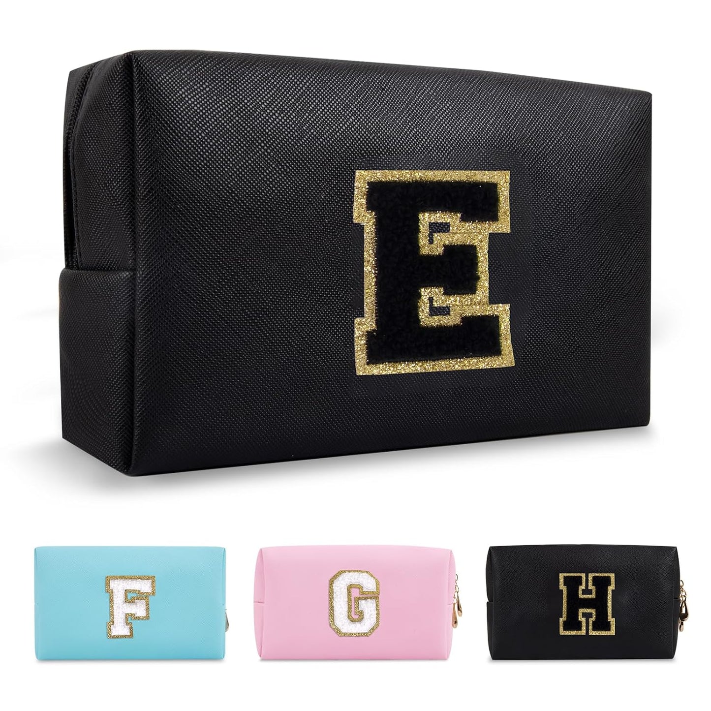 Personalized Initial A-Z Preppy Patch Makeup Bag,Small PU Chenille Letter Cosmetic Bag with Zipper for Teen Girls,Black Cute Toiletry Organizer Bag,Monogram Makeup Case Gift for Women Girls,Letter E