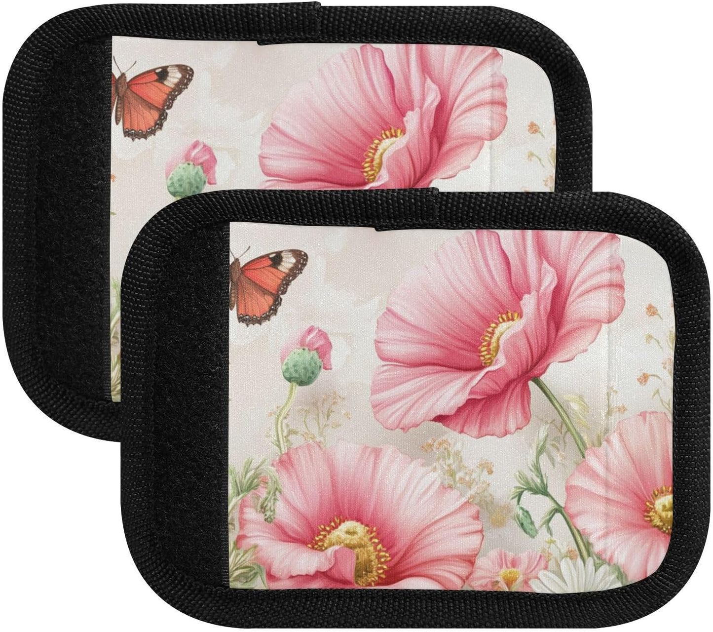 White Poppies and Butterflies 2 Pack Luggage Handle Wraps Covers for Suitcase Identifiers Bag Tags Travel Accessories