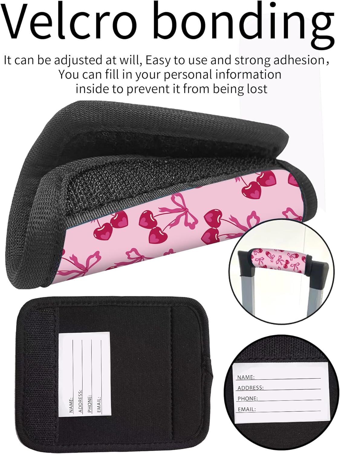 2 Pack Luggage Handle Wrap Travel Tags - Set of Luggage Tags for Suitcases, Identifiers, Marker, and Handle Covers - Cruise Accessories and Travel Gifts（Cute Cherries with Bows