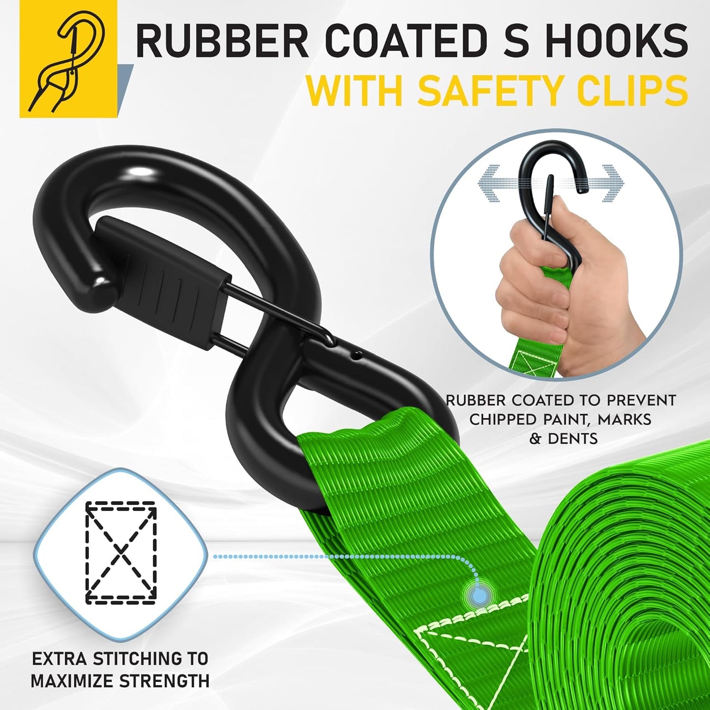 AUGO Heavy Duty Ratchet Straps & Soft Loops – Pack of 4 Extra Strong 1.5” by 10’ Ratchet Straps w/S-Hook Safety Latches & 4 Soft Loop Tie Downs – 4400Lb Break Strength for Motorcycles, ATVs, Etc.