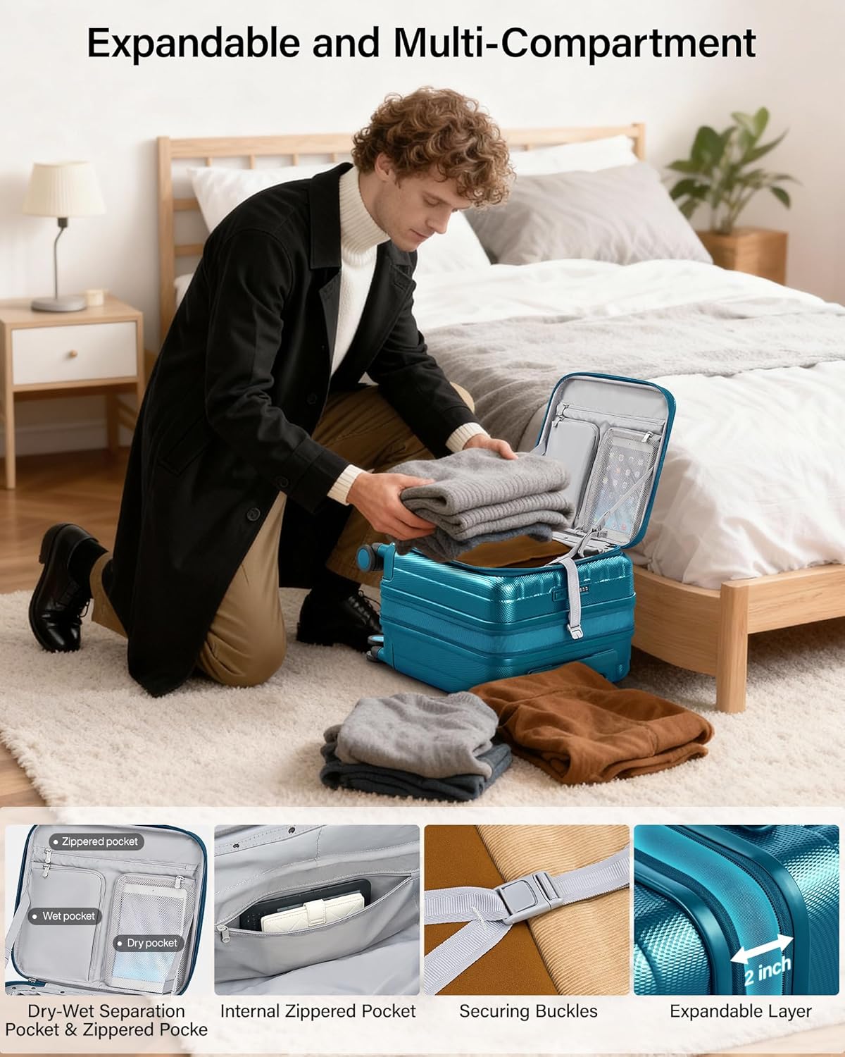Hanke 16 Inch Expandable Under Seat Luggage with Wheels Top Opening Small Suitcase with Wheels Carry On Luggage Airline Approved Lightweight Hard Shell Suitcases for Weekender Overnight-Caribbean Blue