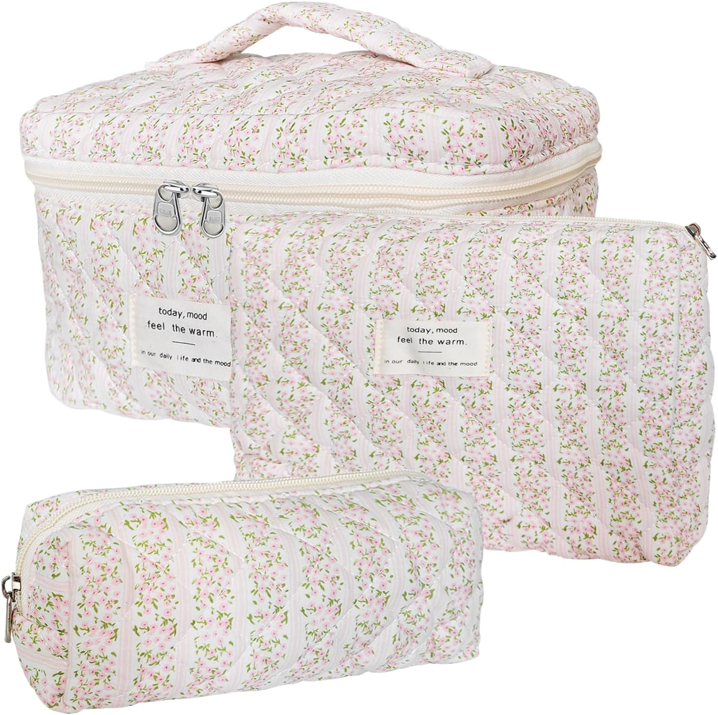 Quilted Makeup Bag, Large Capacity Travel Cosmetic Bag for Women and Girls, Aesthetic Storage for Daily and Travel Use (3pcs-pinkleavesflowers)