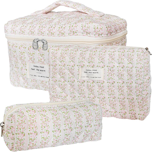Quilted Makeup Bag, Large Capacity Travel Cosmetic Bag for Women and Girls, Aesthetic Storage for Daily and Travel Use (3pcs-pinkleavesflowers)