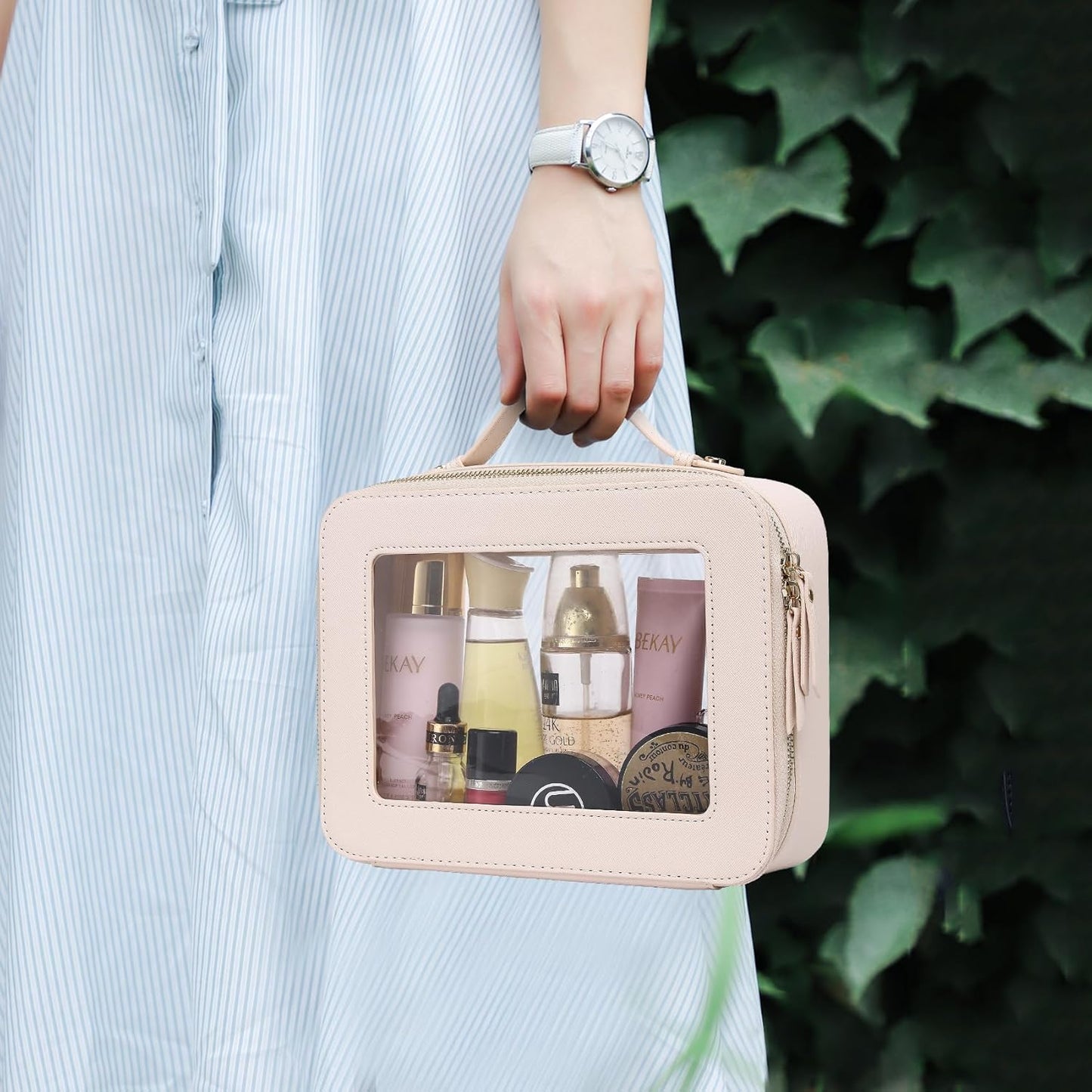 Travel Makeup Set Waterproof Transparent Cosmetic Bag and Toiletry Bag Makeup Brush case with Zipper Car Essentials for Women (Beige, L+M+SLIM)