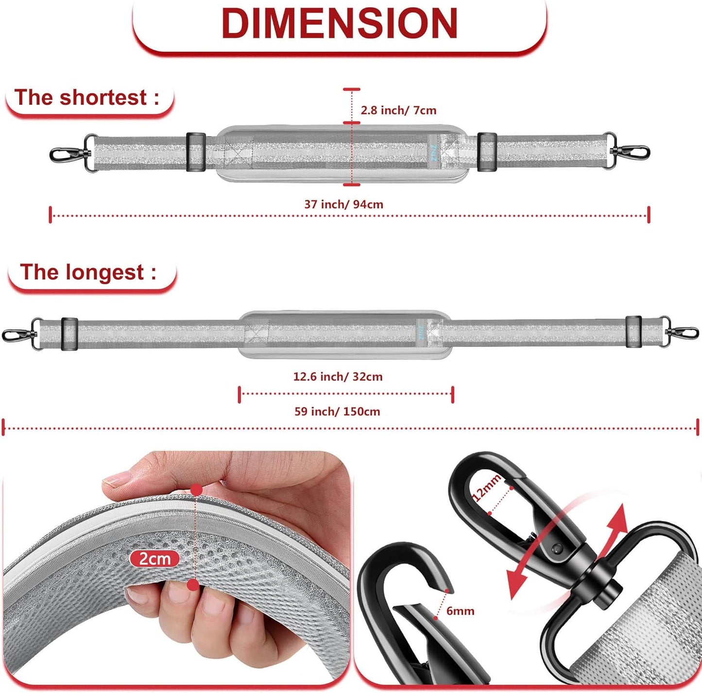 ZINZ Shoulder Strap - 59 Inch Universal Heavy-duty Adjustable Strap with Ultra-thick Fixed Breathable Pad for Laptop, Gym, Camera Bag and More - Gray Silver Jacquard