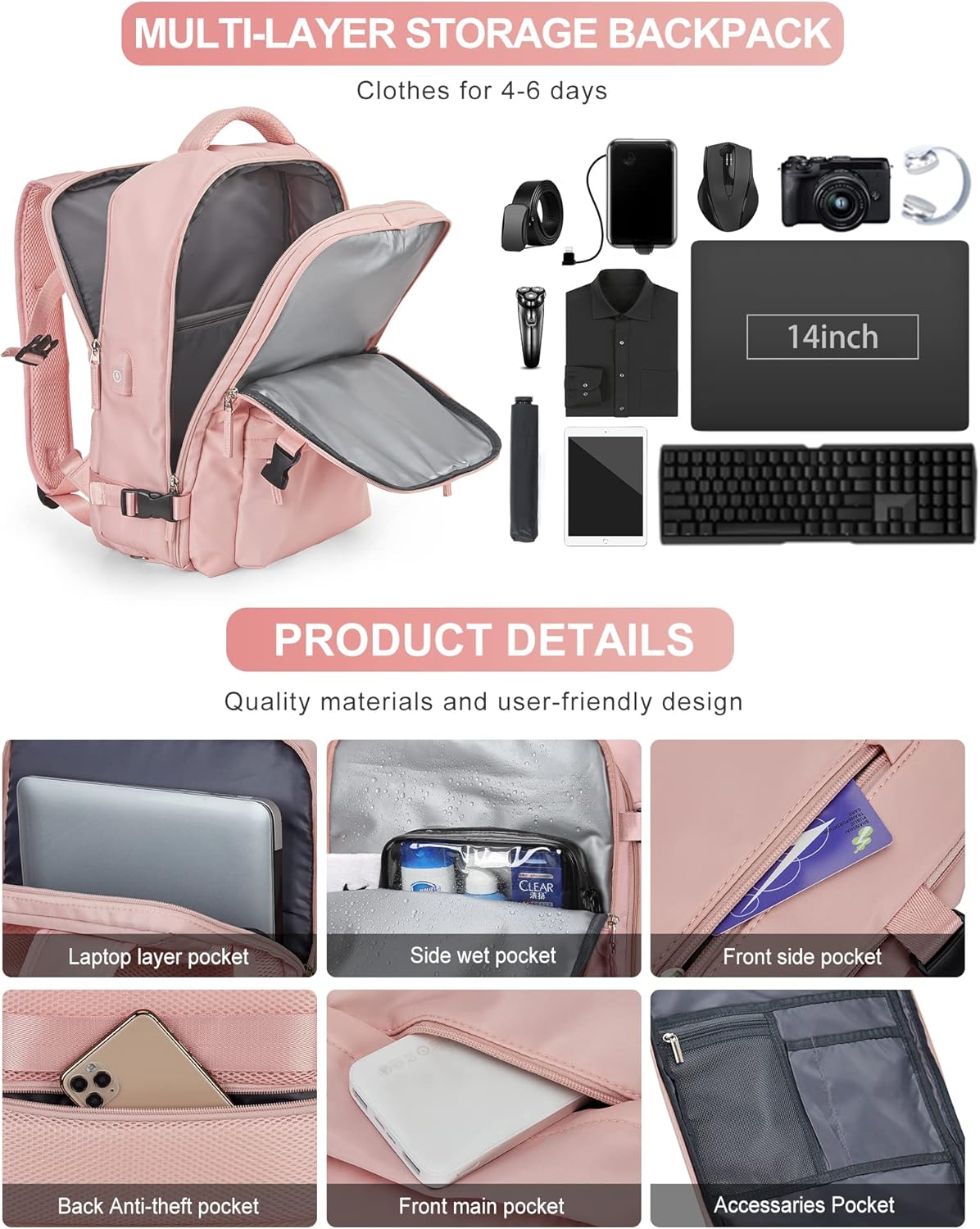 VGCUB Large Travel Backpack Bag for Women Men,Carry on Backpack,17 Inch Laptop Business Work Waterproof Backpack with Laptop Compartment,Person Item Flight Approved,Mochila de Viaje,Pink