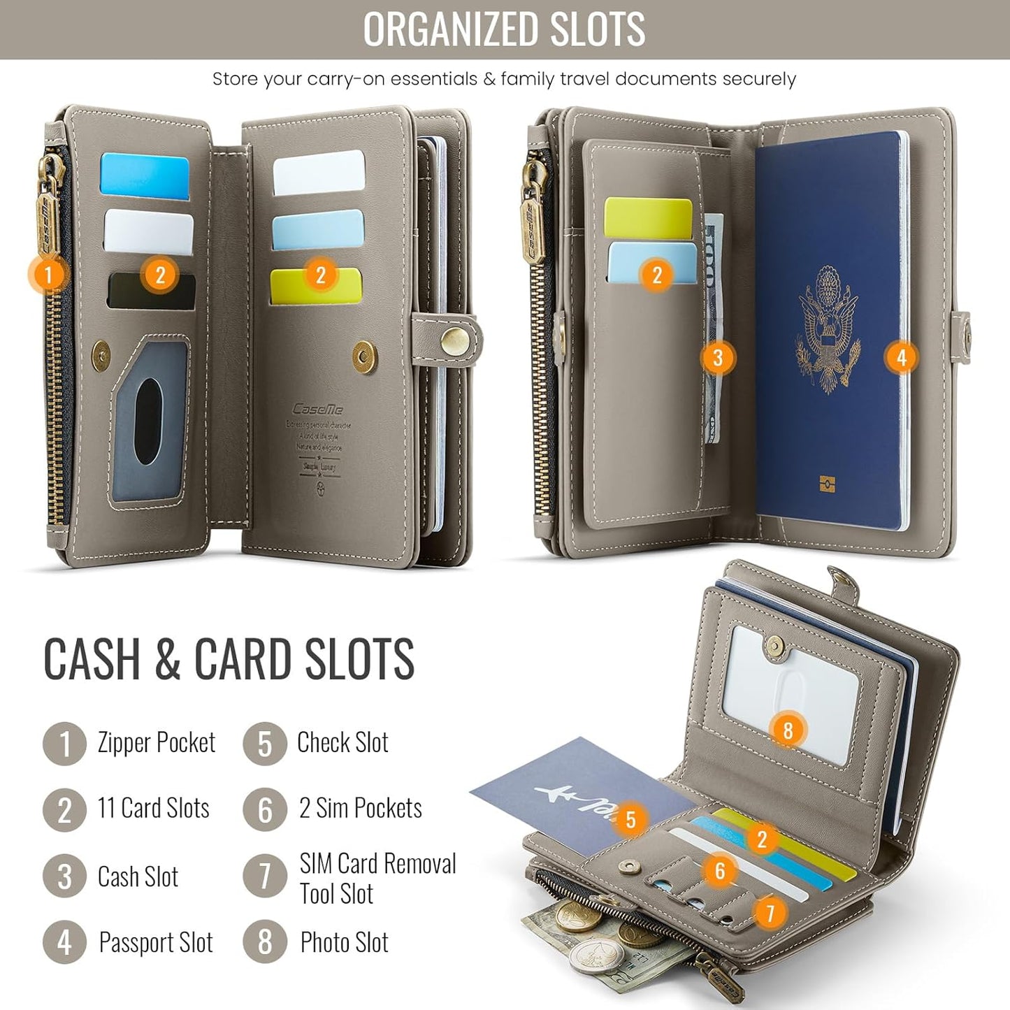 Passport Holder Wallet, 12 Card Slots RFID Blocking Travel Organizer, Zippered Coin Pocket & Detachable Wrist Strap Secure AMagnetic Closure Passport Case for Men & Women (Grey)