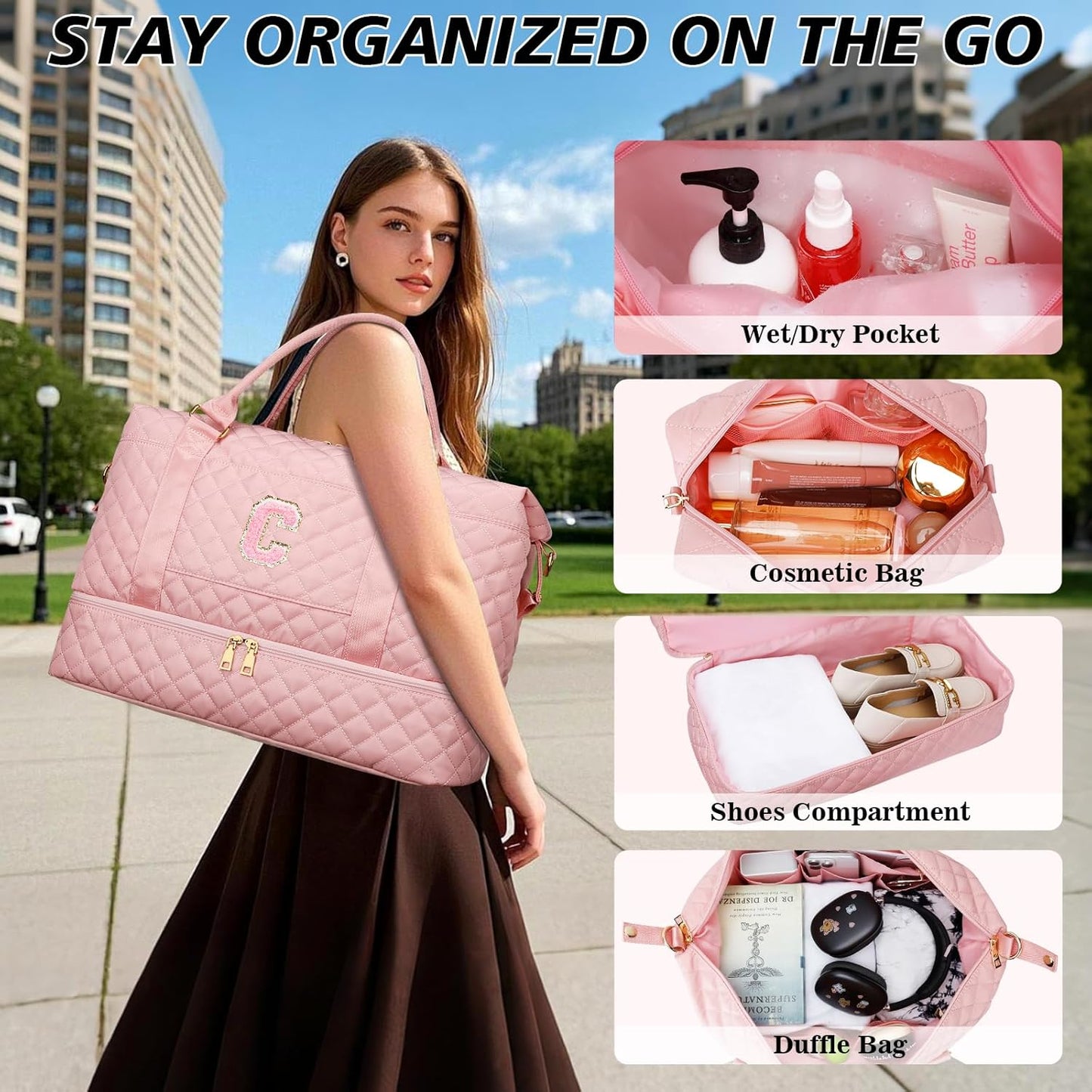 Gifts for Women Girls Initial Travel Duffle Bag Quilted Weekender Carry-On Overnight with Cosmetic Bag, Gym Bag with Shoe Compartment Hospital Bag for Labor Delivery, Pink C