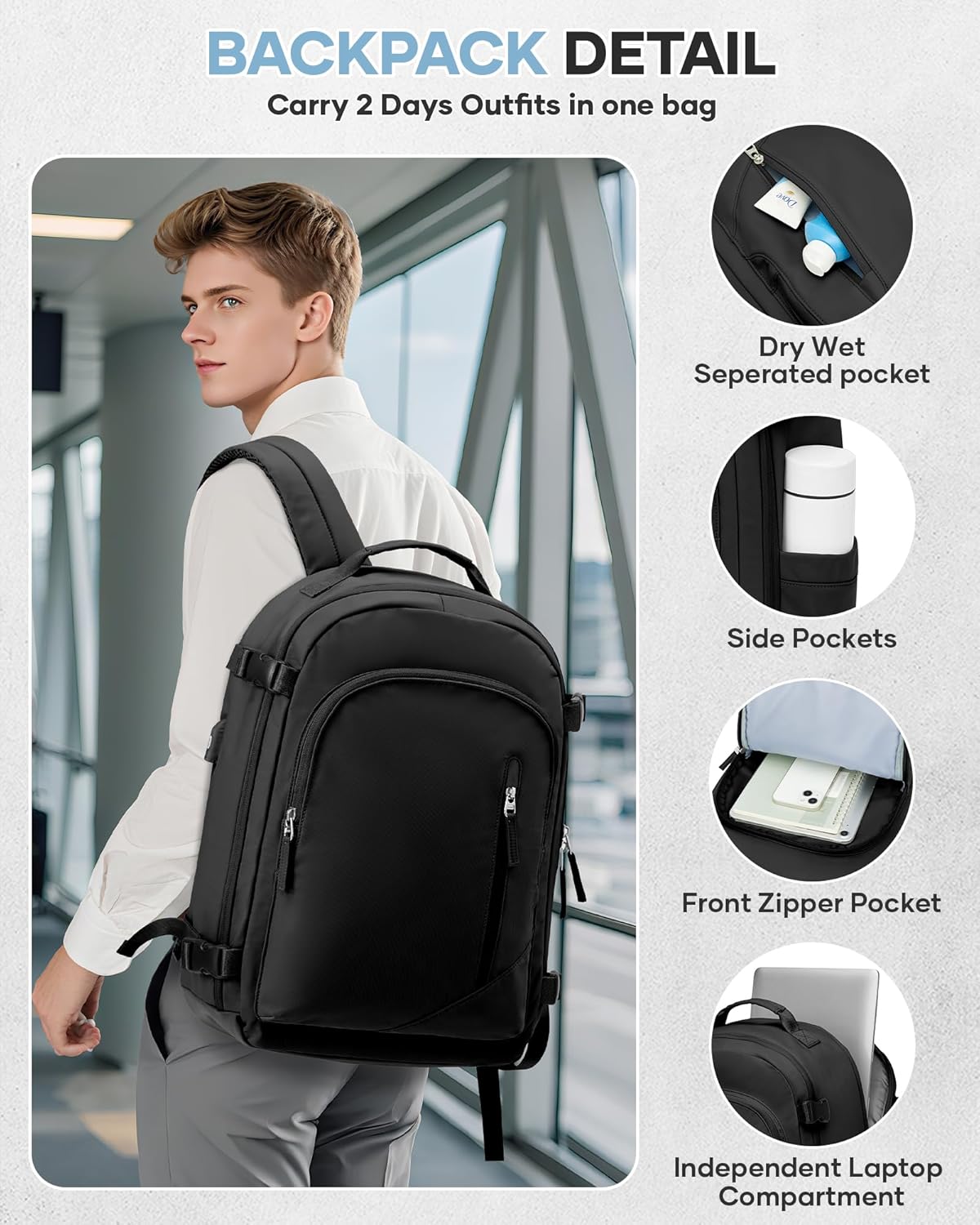 WONHOX Large Travel Backpack Carry on Flight Approved Laptop Work Business Backpack for Women Men Mochila de Viaje