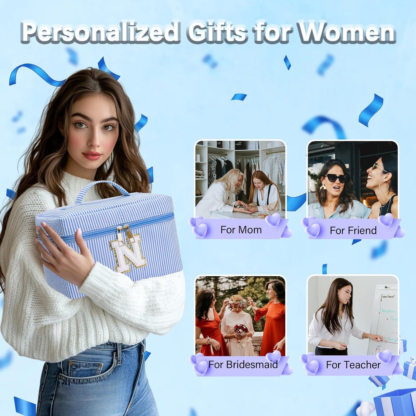 Personalized Monogram Makeup Bag, 3PCS Custom Monogrammed Toiletry Cosmetic Bag for 6-18 Teen Girls Women,Birthday Graduation Gifts Initial Pouch Makeup Bags for Women Girls, Make Up Bag (Q, Blue)