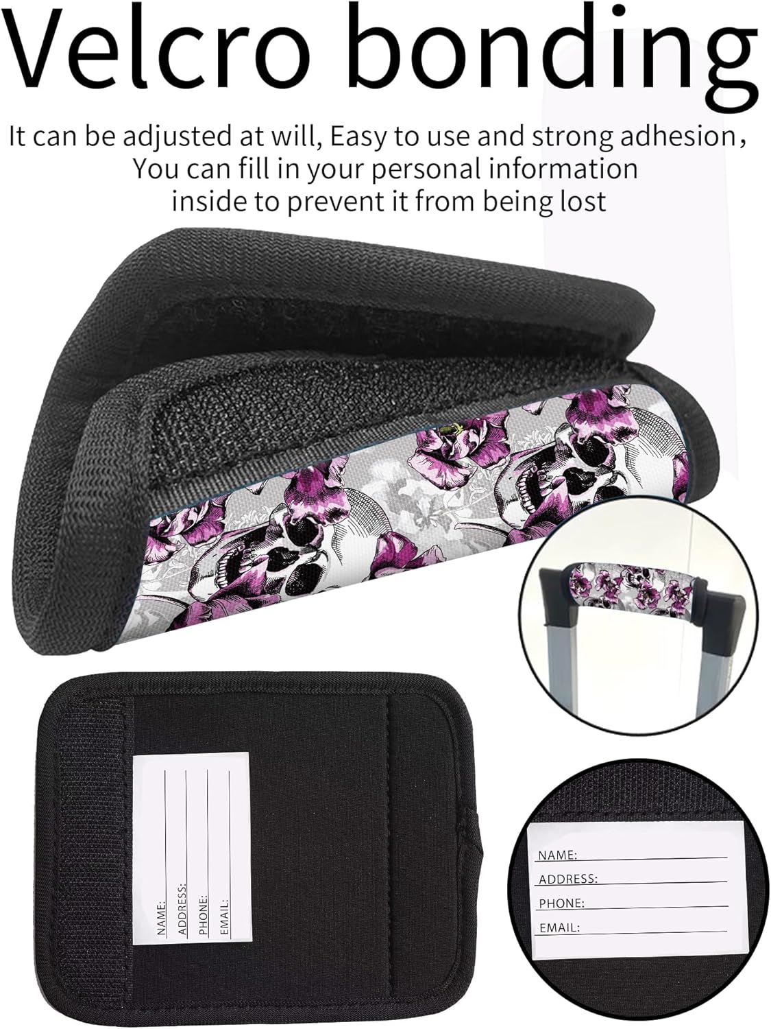 2 Pack Luggage Handle Wrap Travel Tags - Set of Luggage Tags for Suitcases, Identifiers, Marker, and Handle Covers - Cruise Accessories and Travel Gifts（Purple Flower Skull