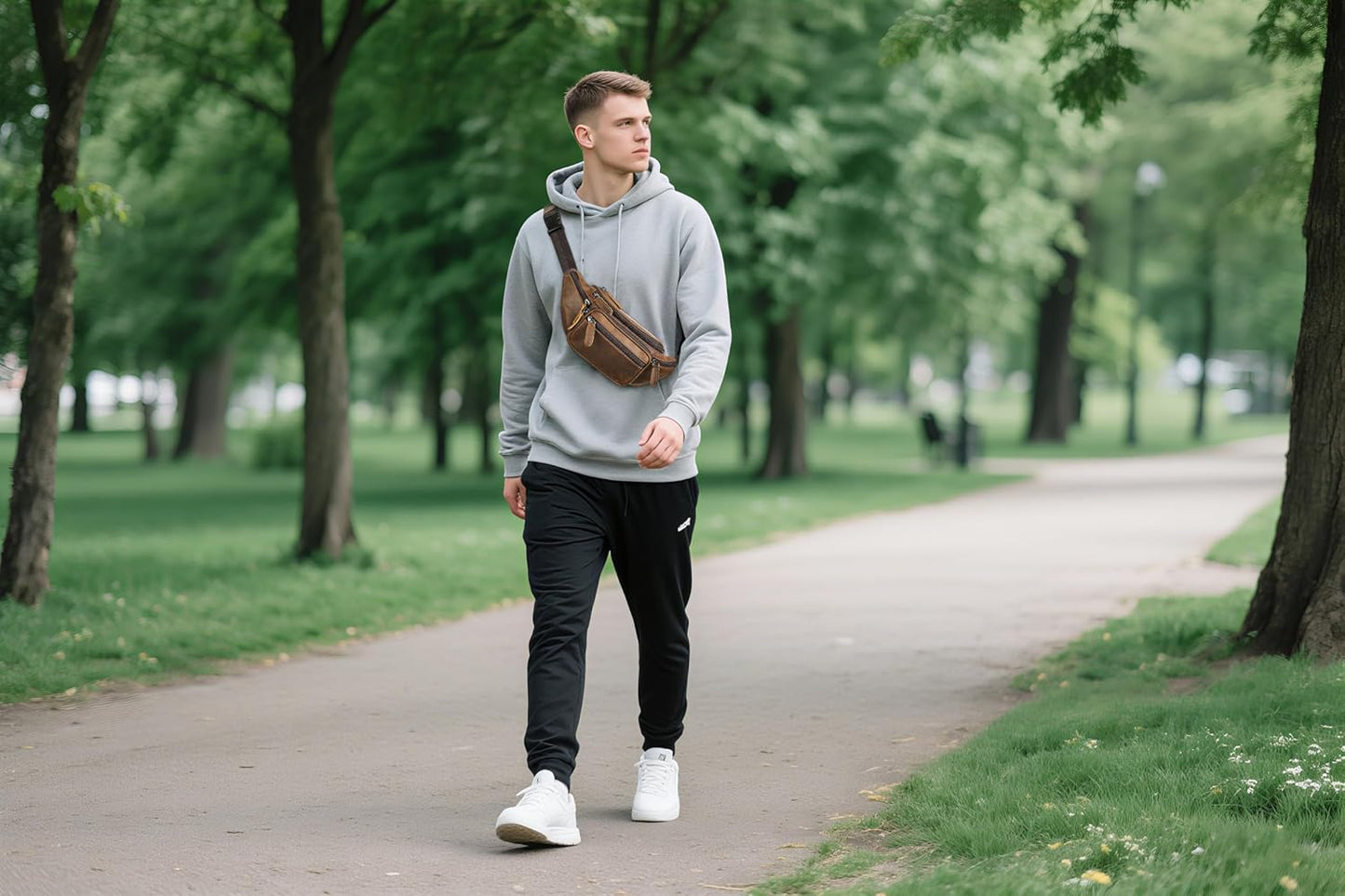 Genuine Leather Fanny Pack Men Women Multi-Pockets sling Waist Bag For Travel Sports Hiking Cycling Fishing Running Crazycoffee Small
