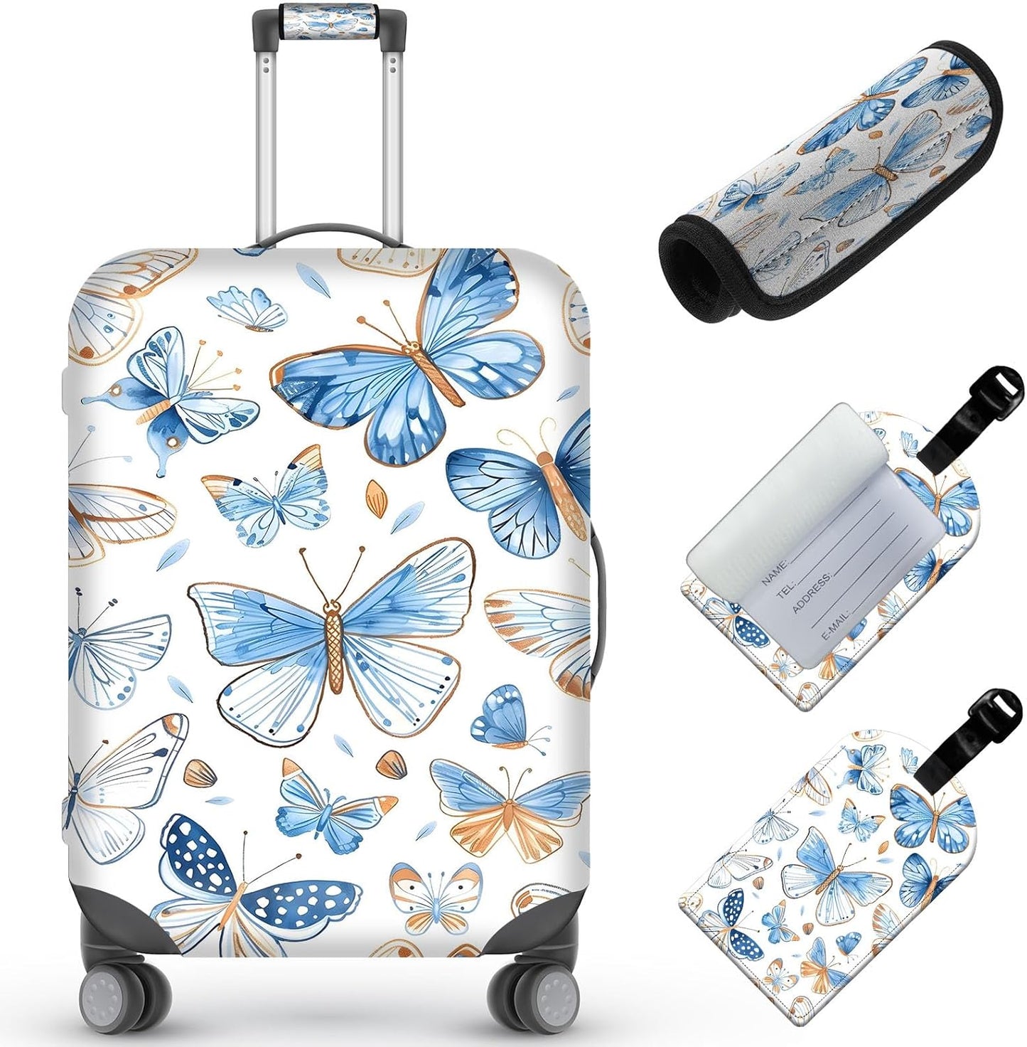 Travel Luggage Accessory Kit, Watercolor Butterflies Theme Suitcase Cover, Luggage Tag, Handle Wrap, Washable Zipper Close Luggage Protector (18-20 inch, S)