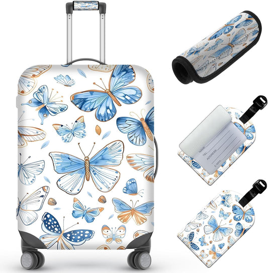Travel Luggage Cover,Watercolor ButterfliesTheme Suitcase Cover Accessory Kit, Luggage Tag, and Comfortable Luggage Handle Wrap, Washable Luggage Suitcase Protector (25-28 inch,L)