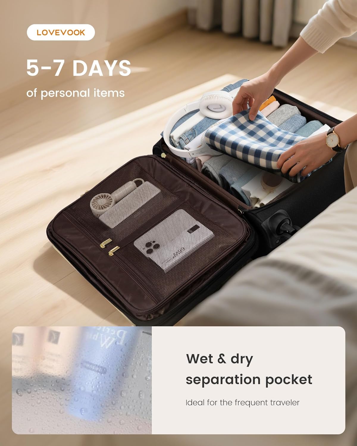 LOVEVOOK Carry on Suitcase 22x14x9 Airline Approved,20 inch Lightweight Waterproof Suitcases with 360° silent swivel wheels, TSA Lock and Compartment, Large Capacity travel Suitcase Black-gray-brown