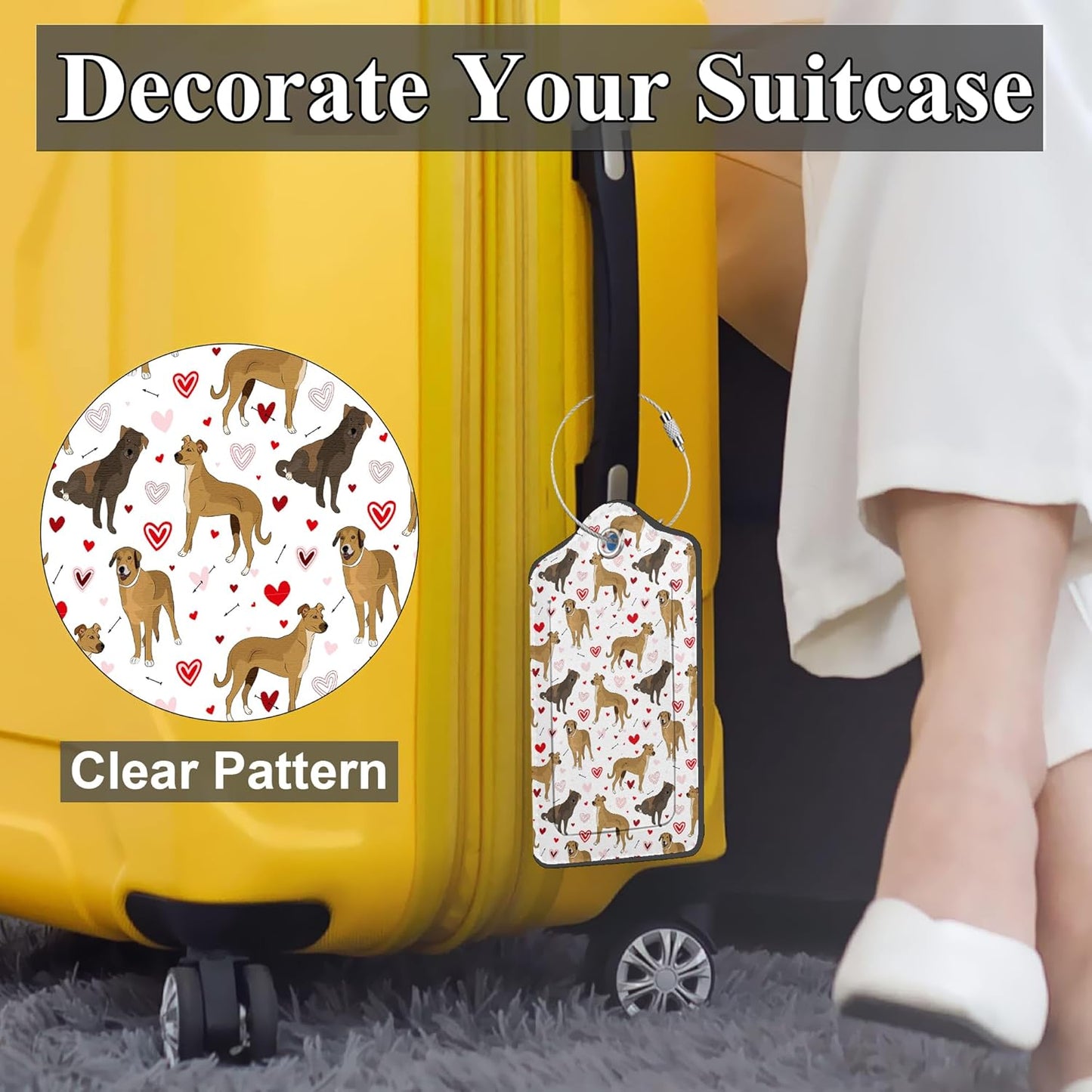 Cute Colorful Dog 2 Pack PU Leather Luggage Tags for Suitcase, Red Heart Travel Cruise Tag with Privacy Flap, Name ID Label and Metal Loop for Women Men Baggage Handbag School Bag