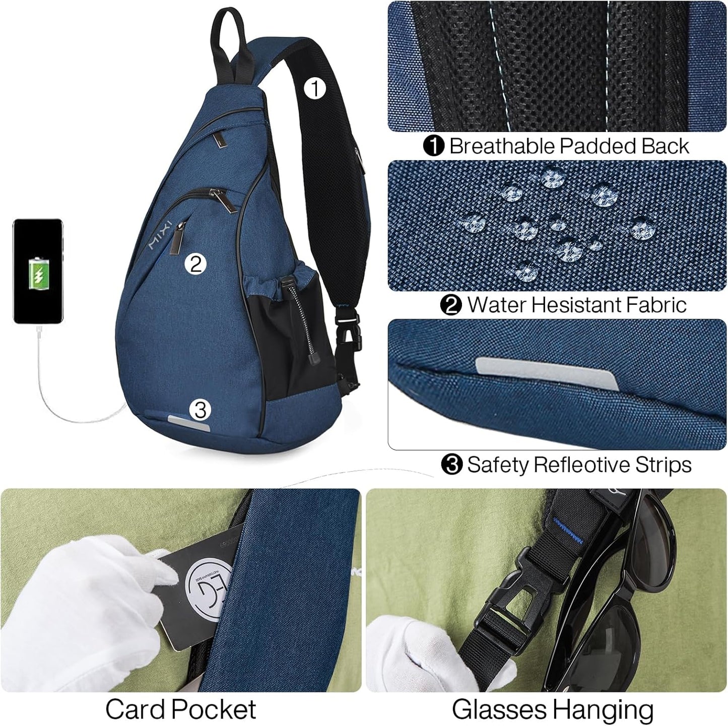 mixi Sling Bag Men Backpack Unisex One Shoulder Bag Hiking Travel Backpack Crossbody with USB Port