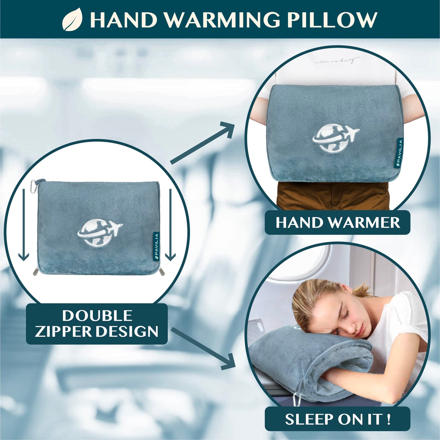PAVILIA Travel Blanket and Pillow, Arms Opening Airplane Blankets for Adults, Compact Plane Blanket
