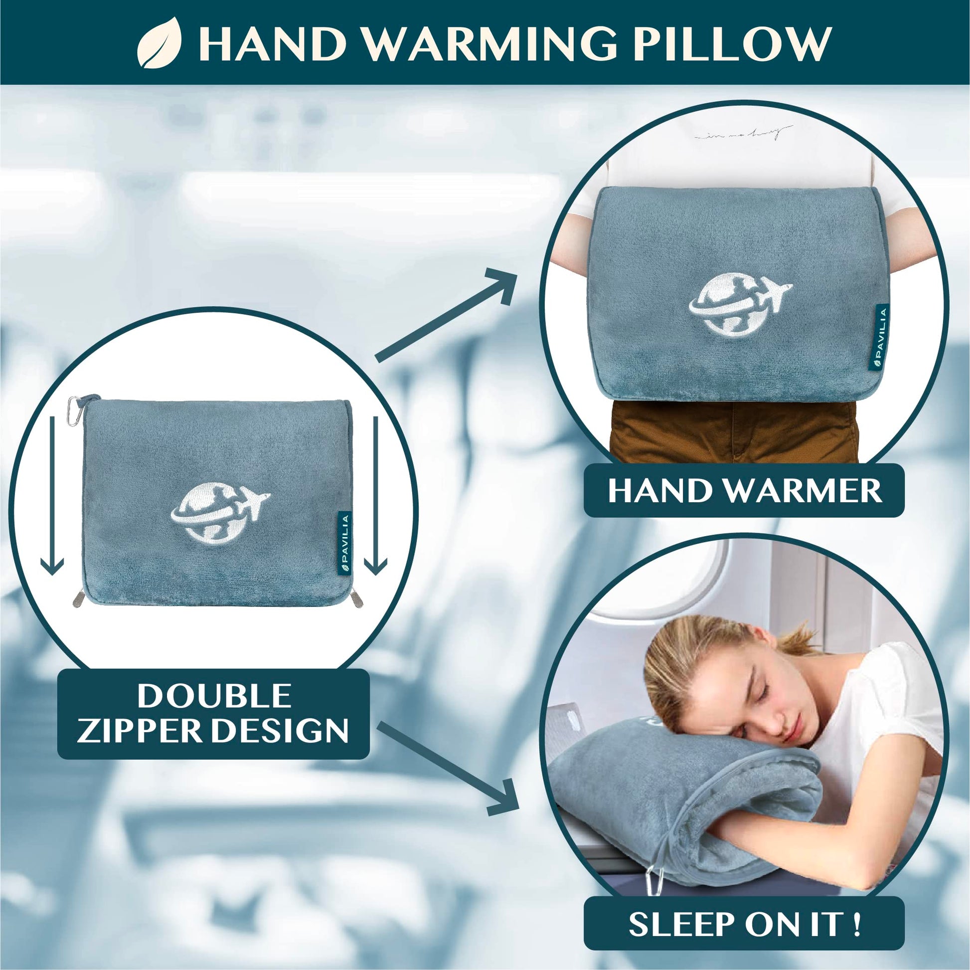 PAVILIA Travel Blanket and Pillow, Arms Opening Airplane Blankets for Adults, Compact Plane Blanket