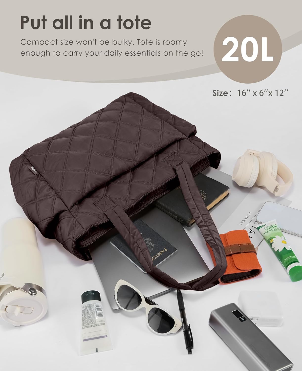 Tote Bag for Women, Lightweight Puffer Tote Work Bags with Compartments for Travel, Quilted Shoulder Bag with Zipper